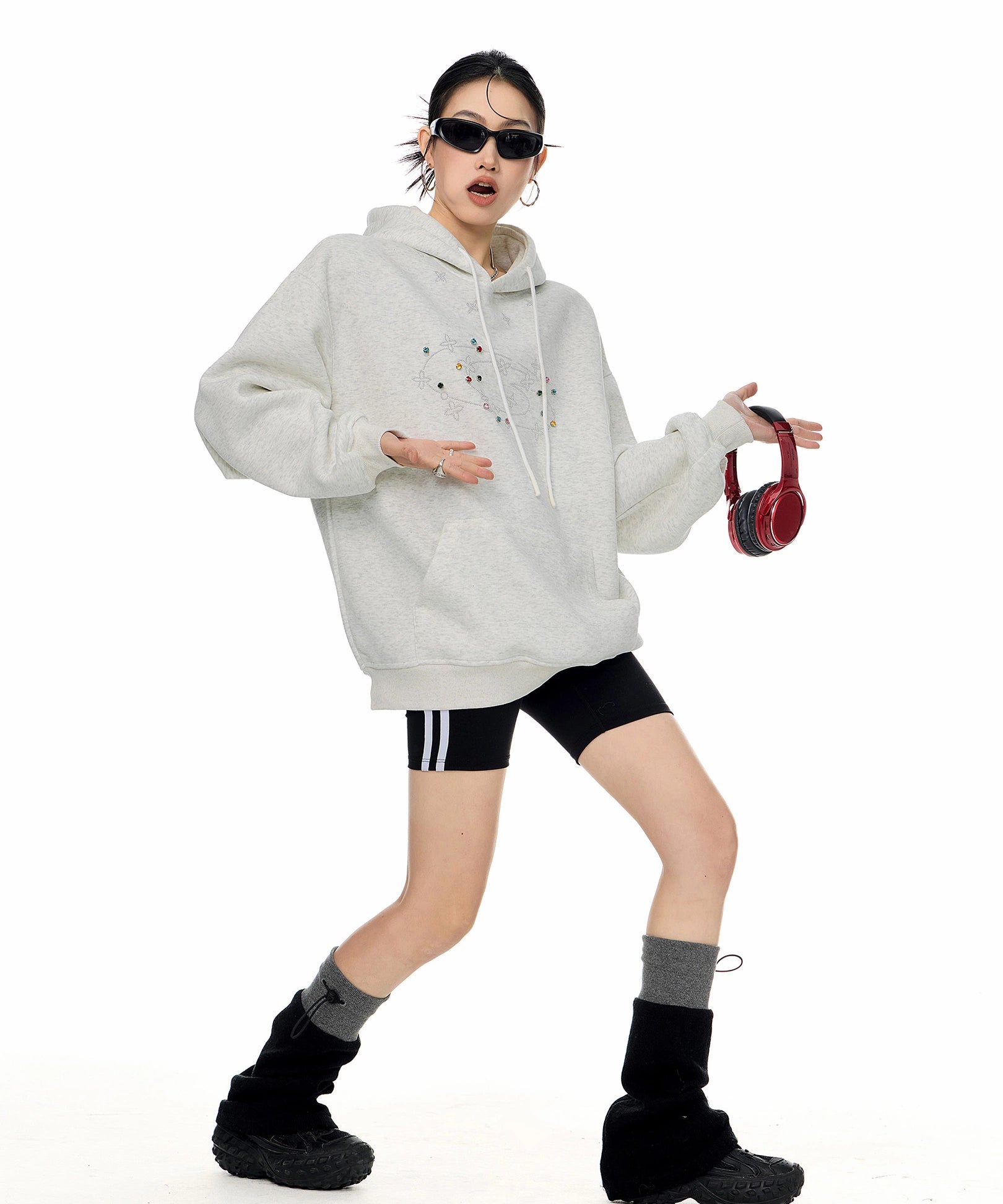 ICH MODE 美式复古烫钻连帽卫衣女2025秋冬新款运动休闲长袖上衣