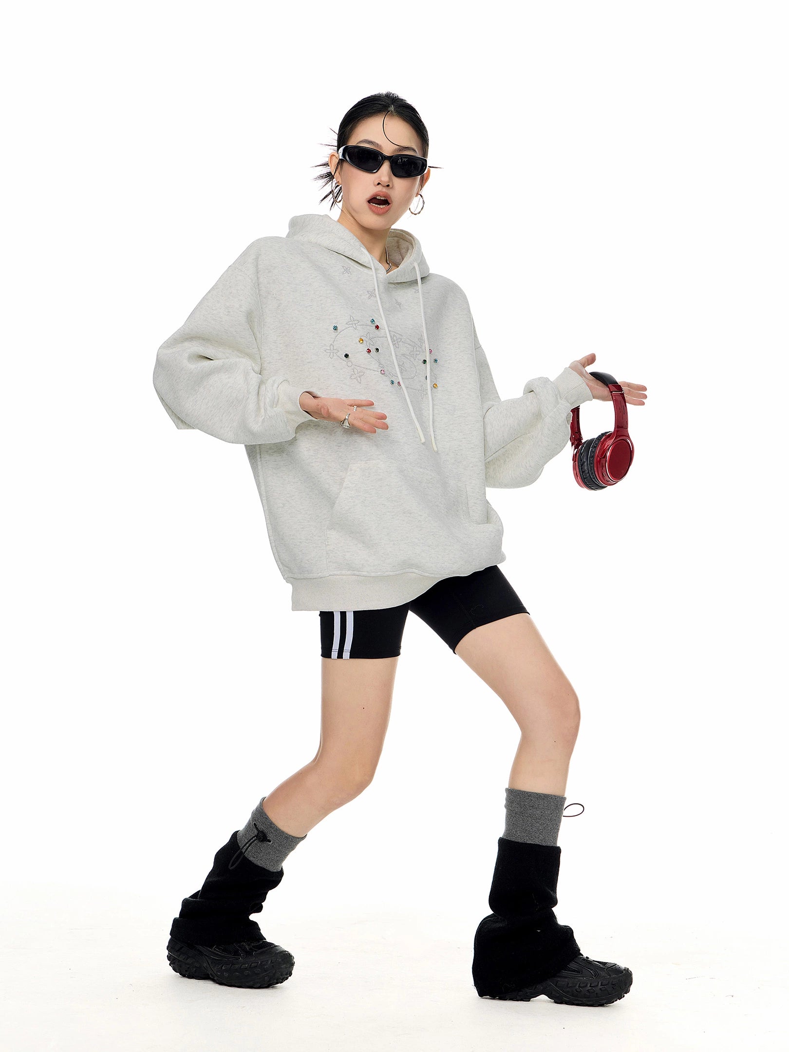 ICH MODE 美式复古烫钻连帽卫衣女2025秋冬新款运动休闲长袖上衣