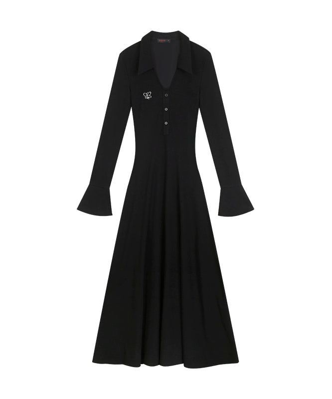 野生zero 黑灰色气质v领喇叭长袖连衣裙女春季收腰修身显瘦长裙子