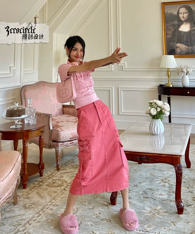 野生zerocircle绿色半身裙女春夏设计感高腰显瘦开叉中长工装裙子