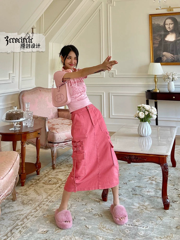 野生zerocircle绿色半身裙女春夏设计感高腰显瘦开叉中长工装裙子