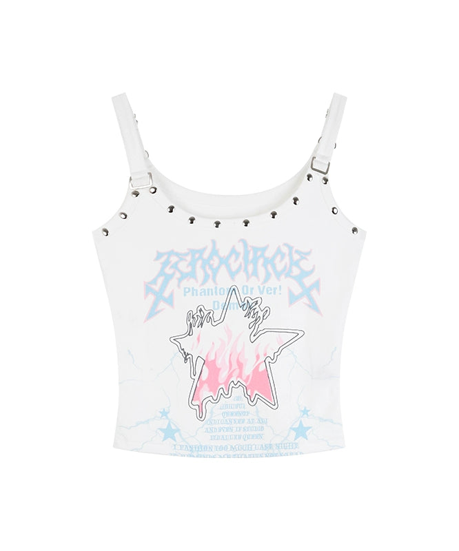 野生zero白黑色吊带背心女夏季外穿辣妹小众印花修身无袖短款上衣