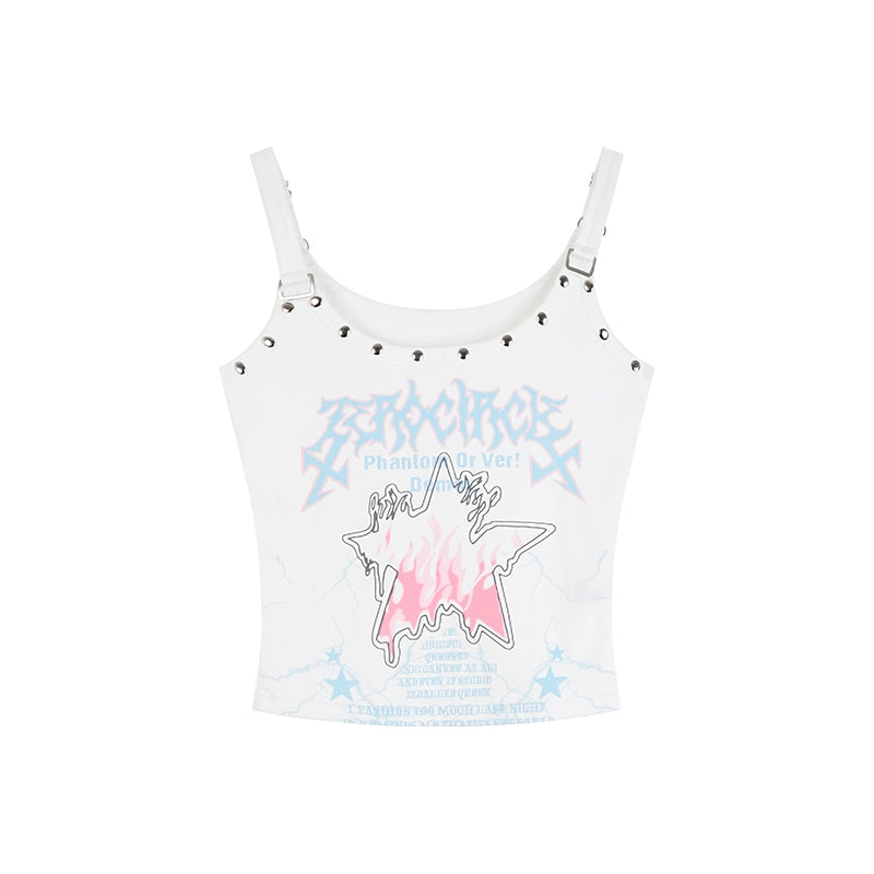 野生zero白黑色吊带背心女夏季外穿辣妹小众印花修身无袖短款上衣