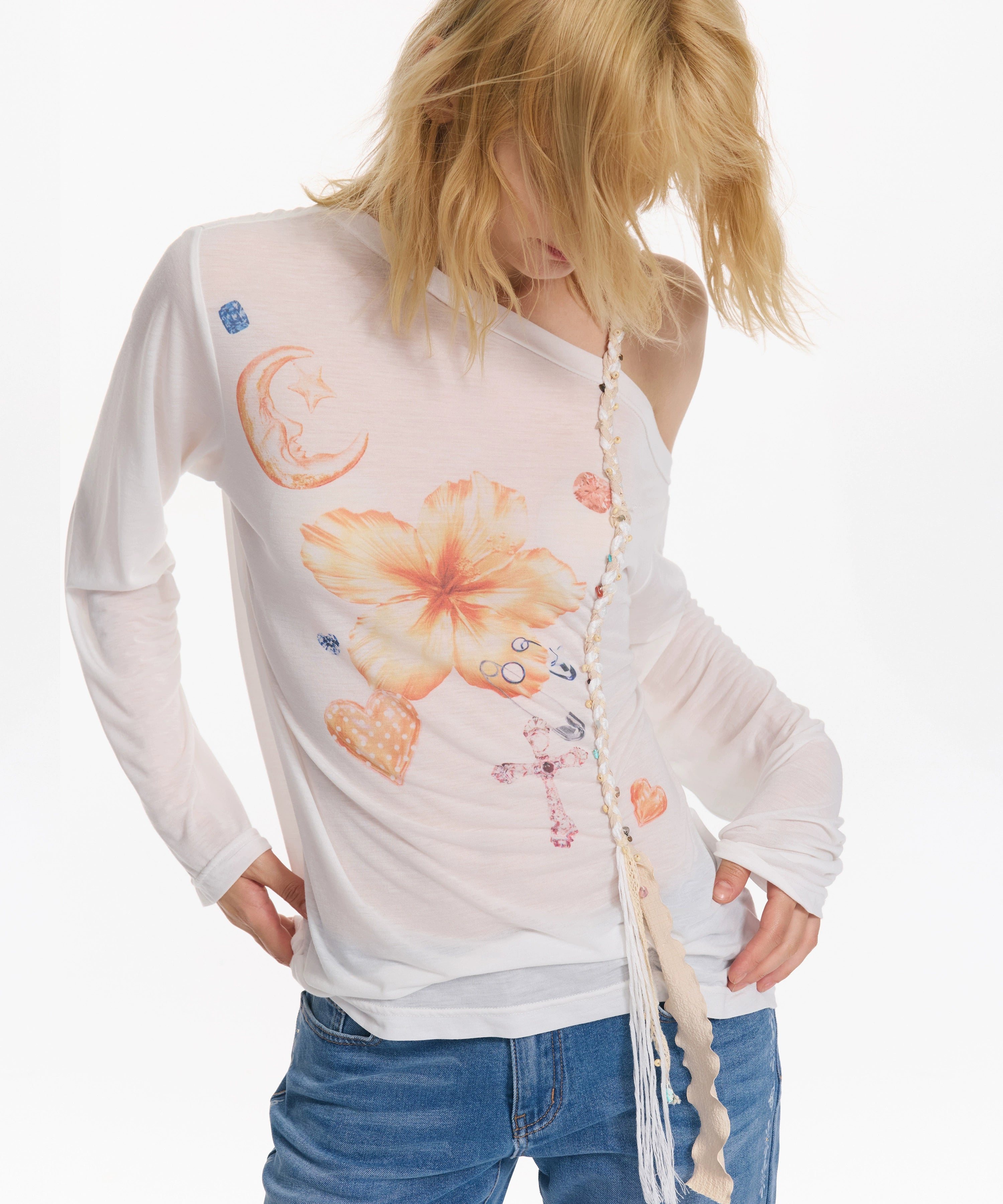 2th Desire 扶桑花多元素印花编织肩带斜肩亲肤宽松防晒长袖T恤女