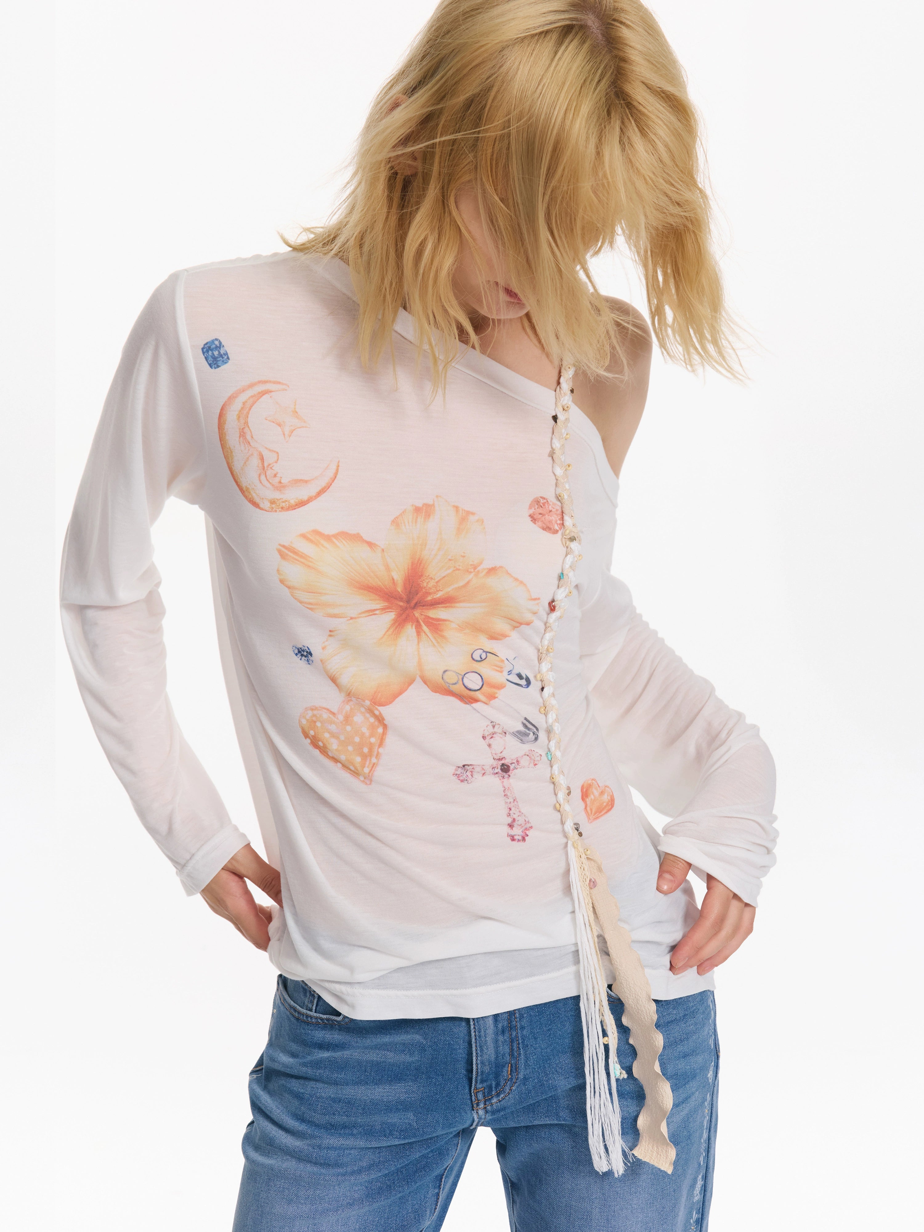 2th Desire 扶桑花多元素印花编织肩带斜肩亲肤宽松防晒长袖T恤女