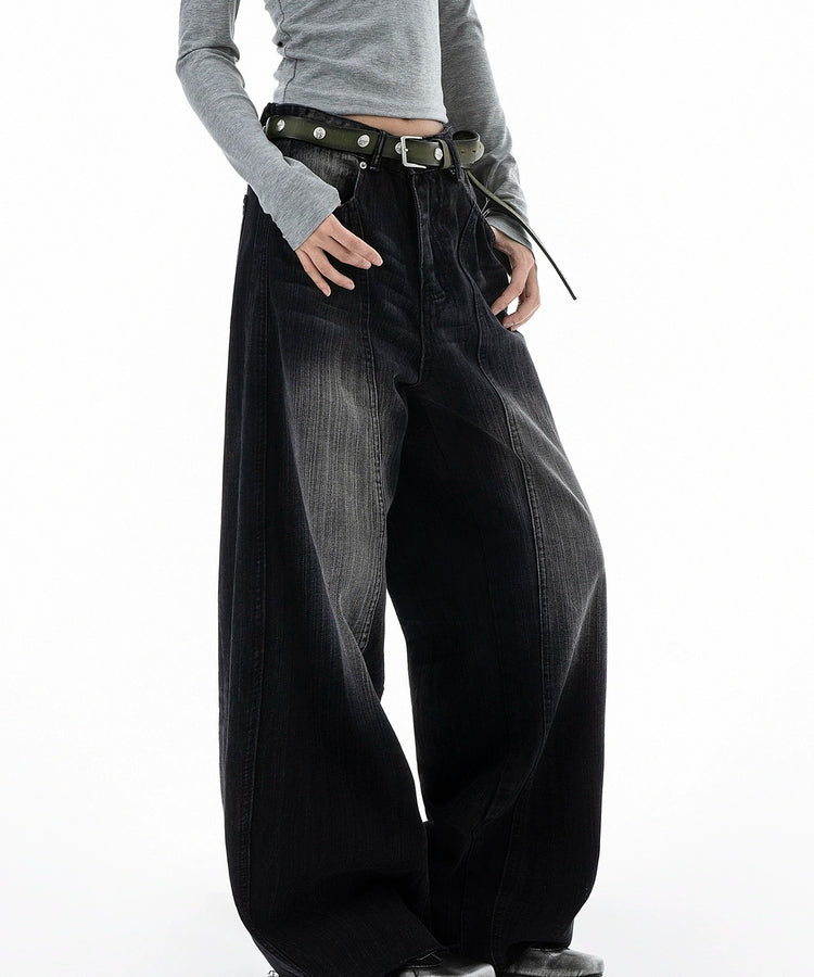 ICH MODE 美式复古水洗牛仔裤女秋冬宽松直筒裤弯刀裤休闲阔腿裤