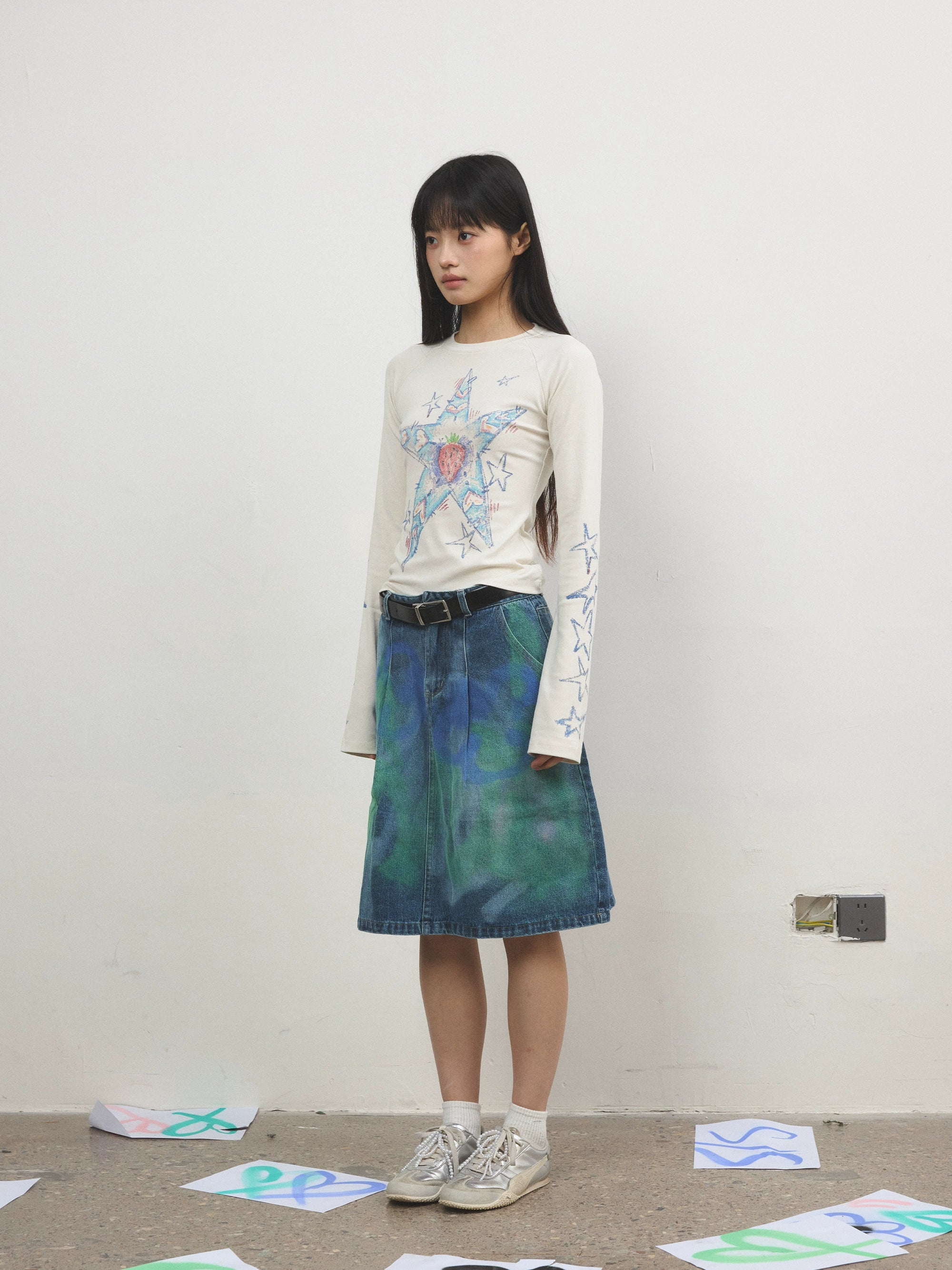 eeeeArtmonster“星星草莓多士”蜡笔手绘涂鸦长袖T恤辣妹打底衫