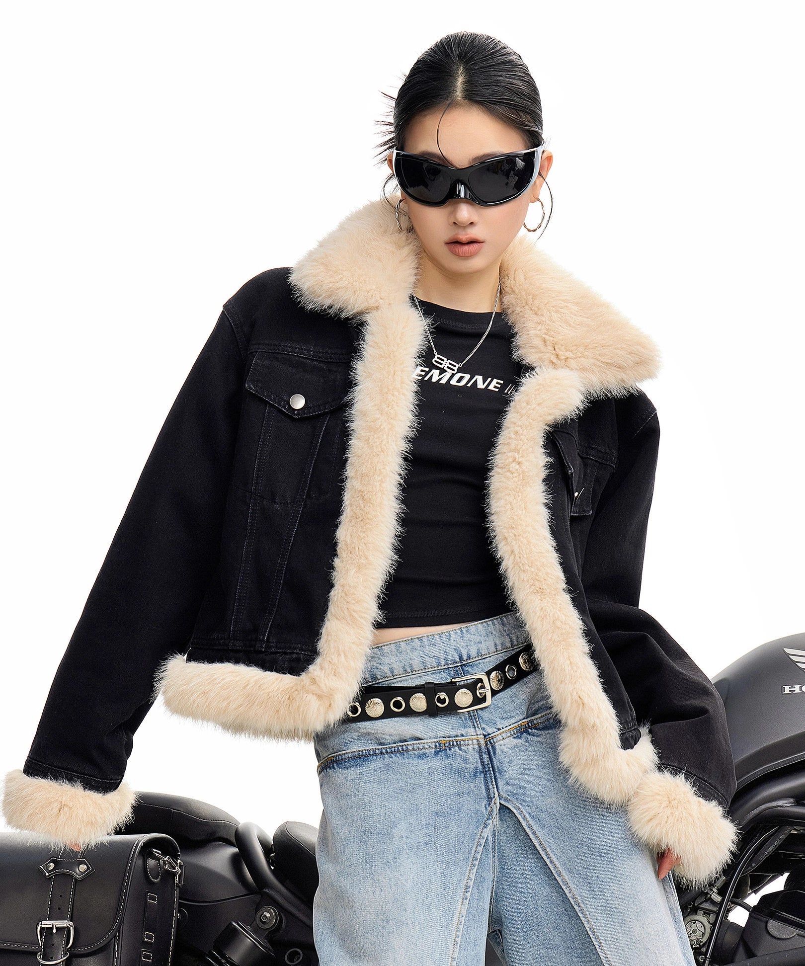 ICH MODE 美式复古毛领短款牛仔外套女秋冬季小香风夹克棉服上衣