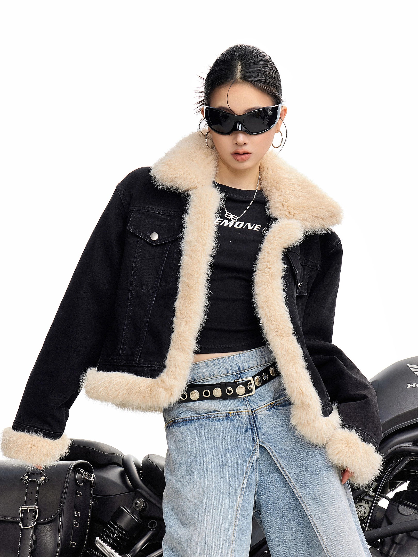 ICH MODE 美式复古毛领短款牛仔外套女秋冬季小香风夹克棉服上衣