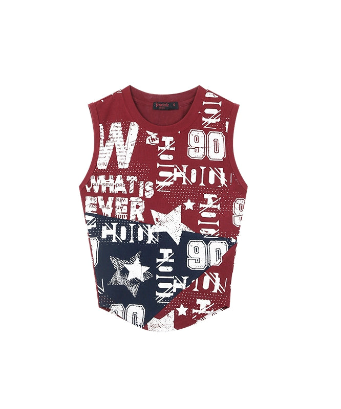 野生zero撞色无袖背心女夏季辣妹印花修身显瘦小众设计感短款上衣