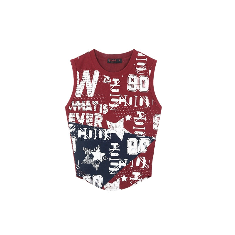 野生zero撞色无袖背心女夏季辣妹印花修身显瘦小众设计感短款上衣