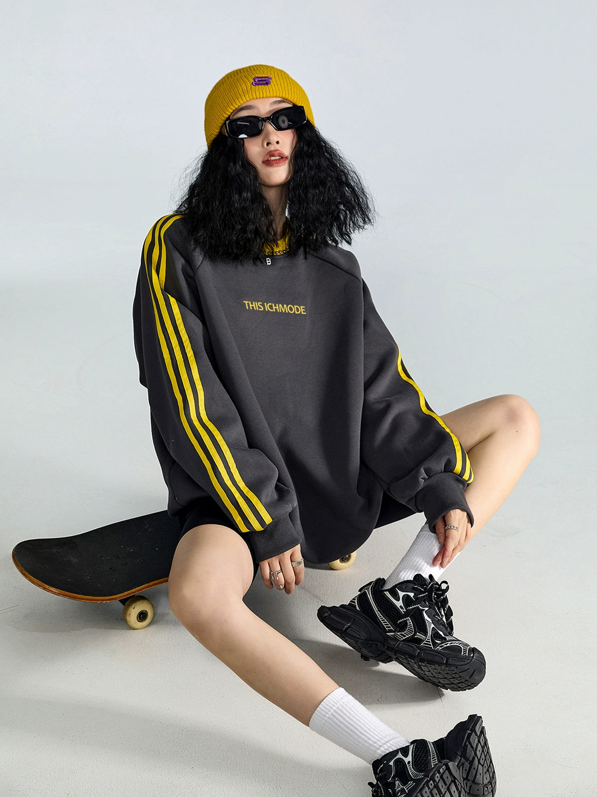 ICH MODE 美式复古条纹圆领卫衣女秋宽松运动上衣外套2025新款