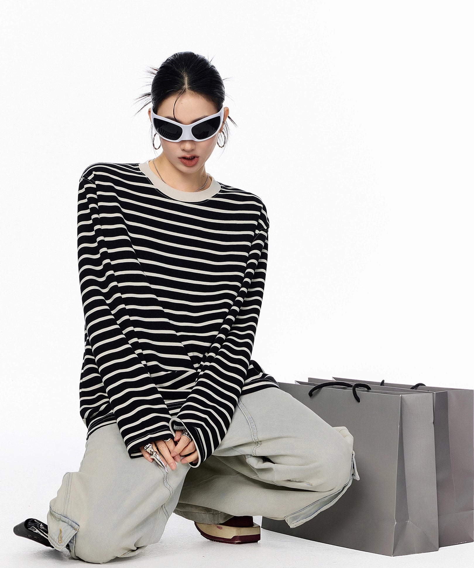 ICH MODE 美式复古圆领条纹长袖T恤女秋冬休闲百搭宽松打底上衣t