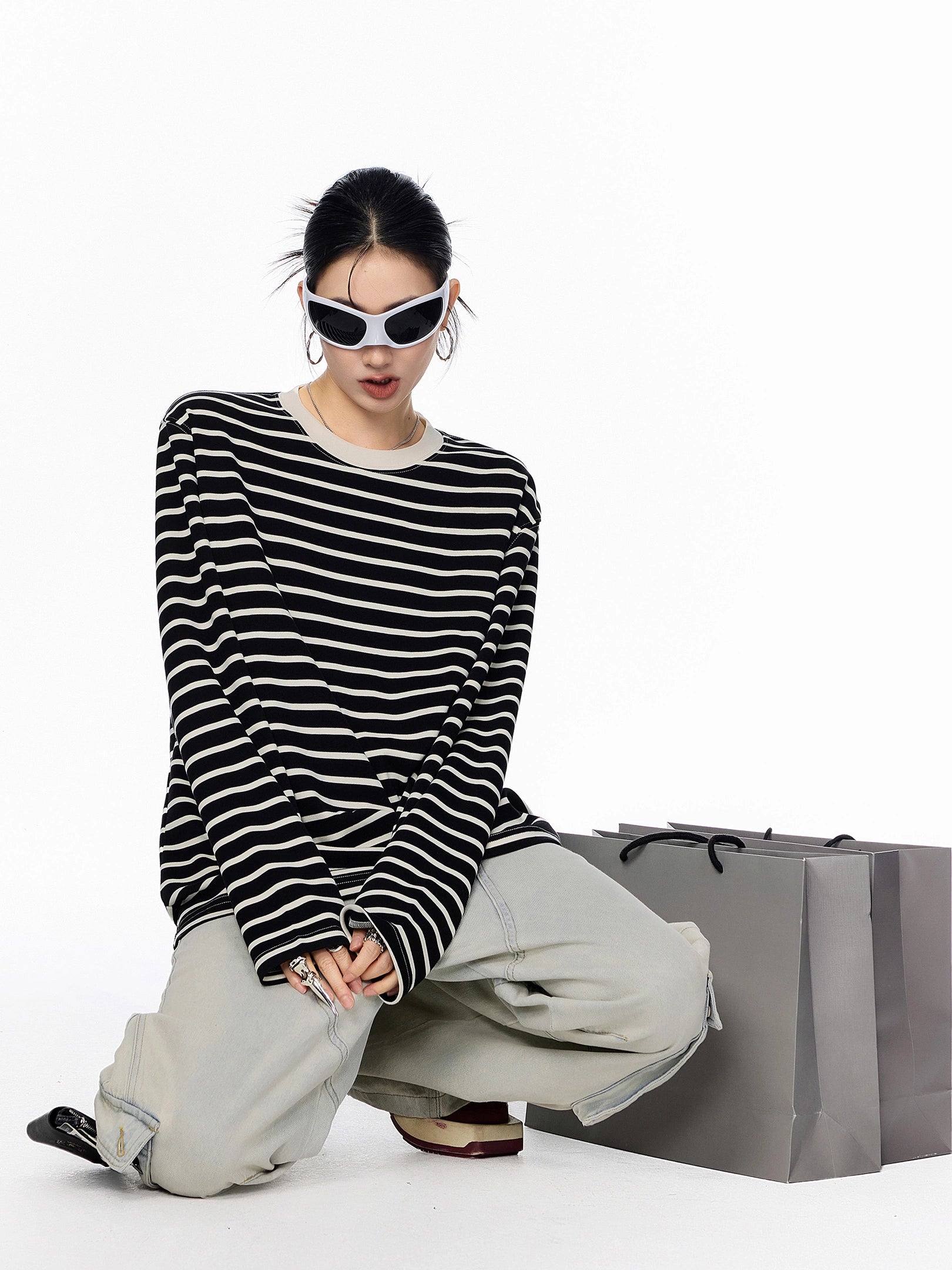 ICH MODE 美式复古圆领条纹长袖T恤女秋冬休闲百搭宽松打底上衣t