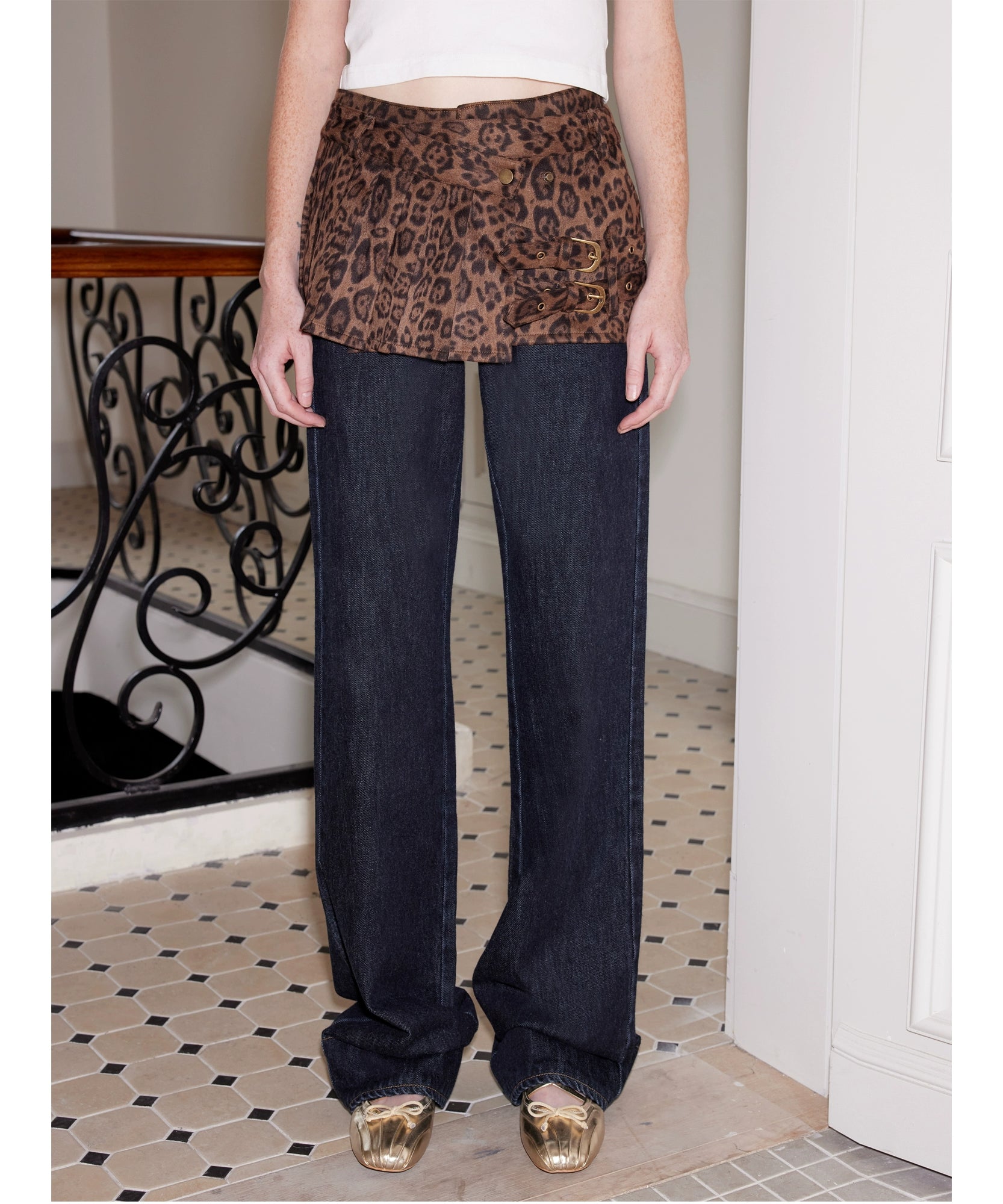 2th Desire豹纹格纹拼接莱赛尔植绒原牛色牛仔裤/可拆卸拼接罩裙