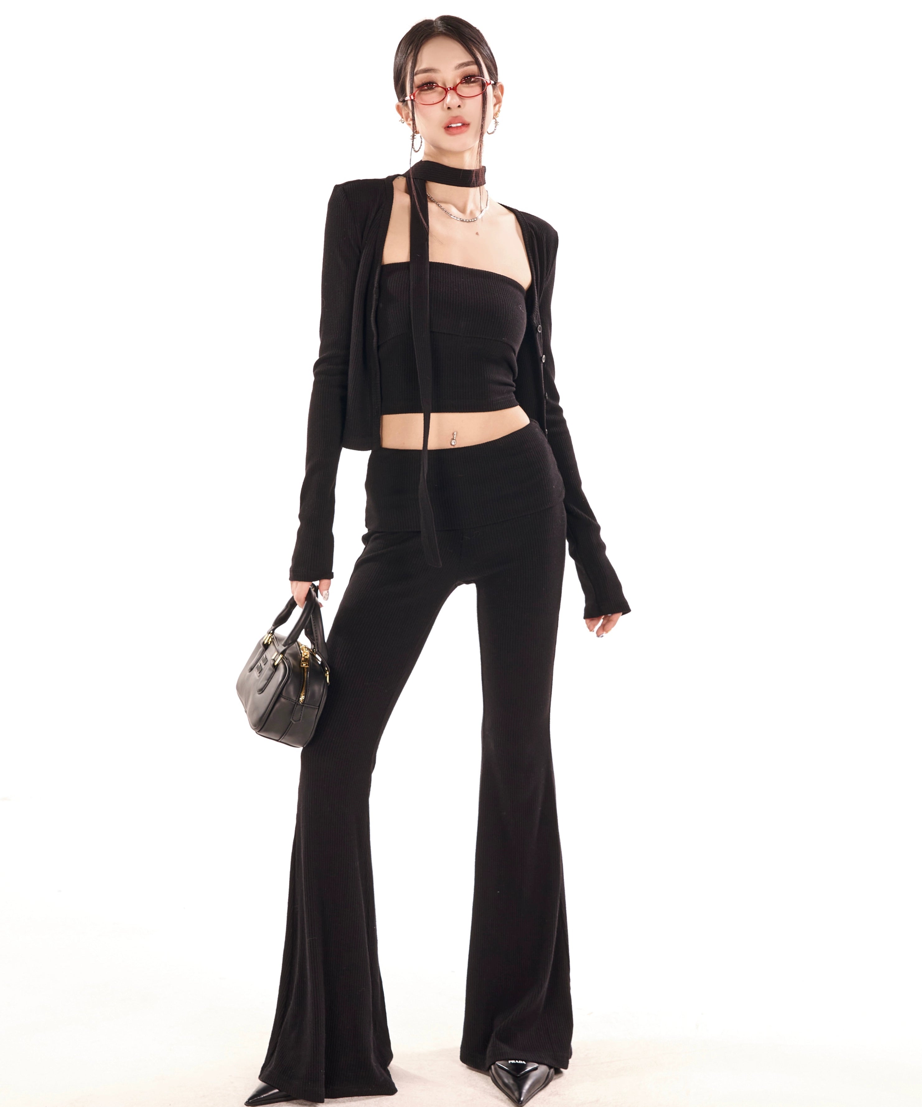 野生zero针织开衫三件套装女春夏季灰色抹胸辣妹上衣修身微喇裤子