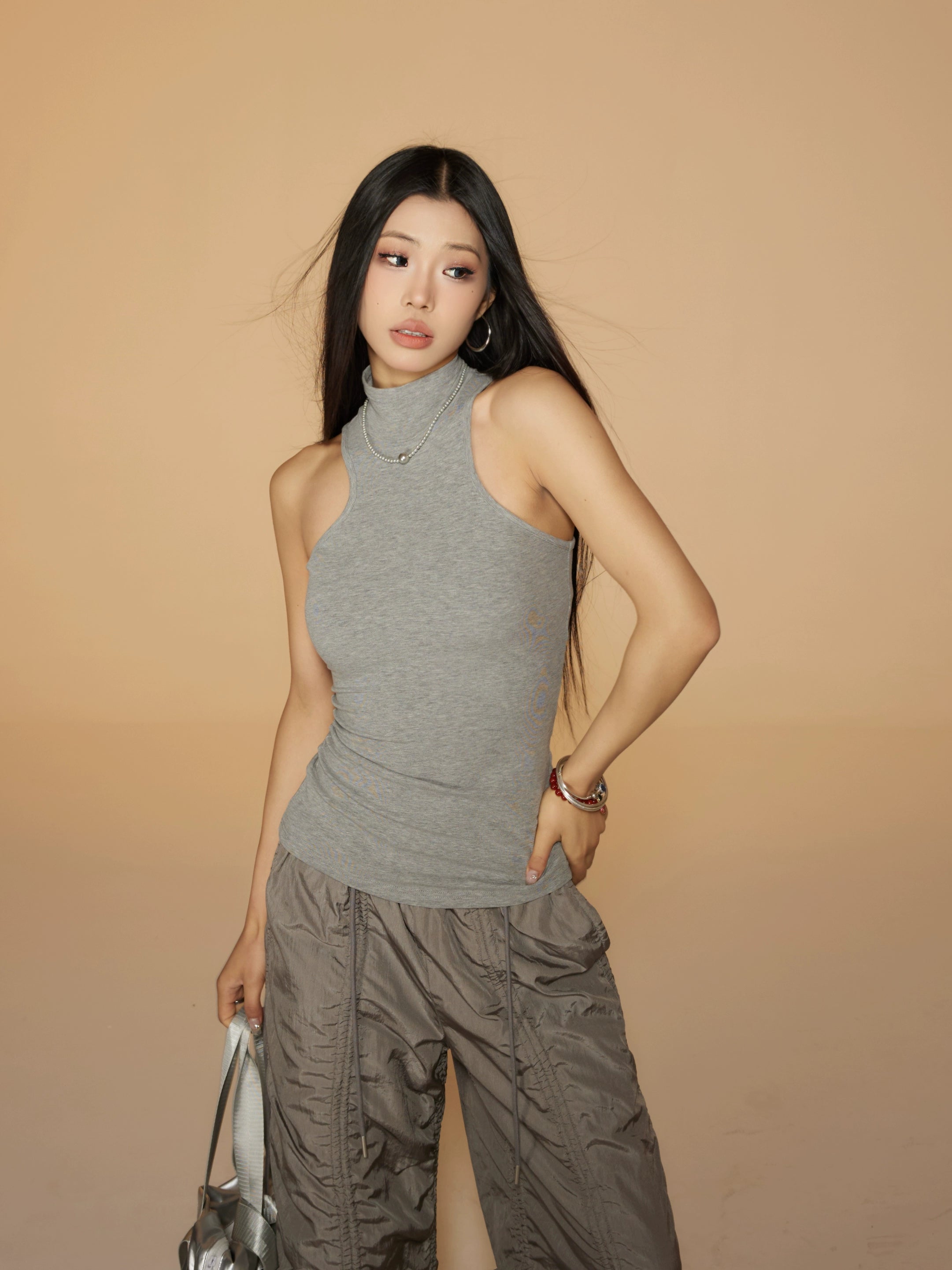 野生zero黑灰白色针织高领工字背心内搭女夏外穿修身辣妹无袖上衣