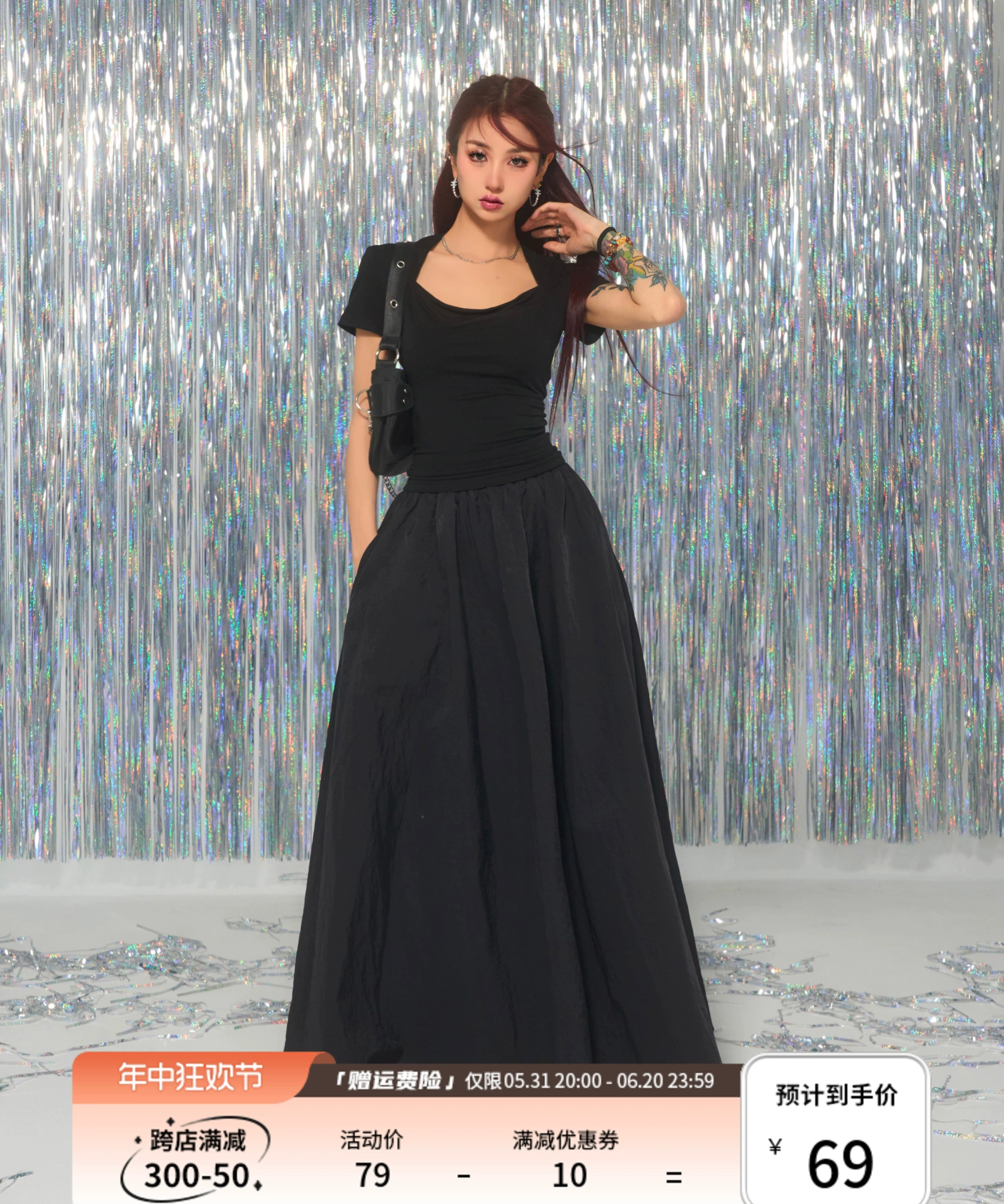 野生zerocircle 黑灰色方领正肩短袖t恤女夏辣妹修身显瘦短款上衣