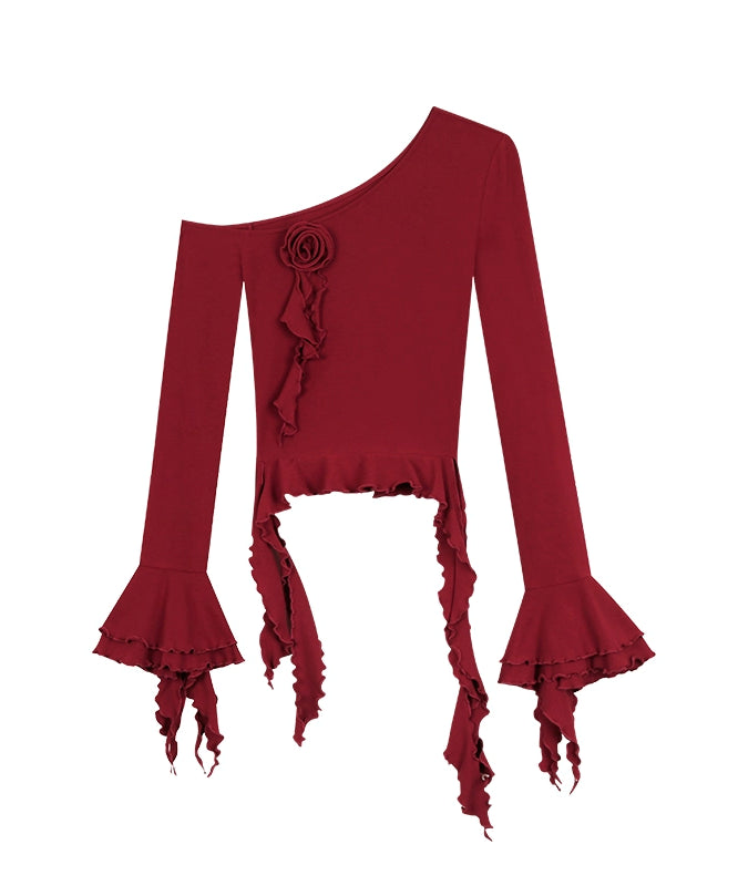 野生zerocircle 黑酒红色斜肩花朵长袖上衣女春夏辣妹修身显瘦t恤