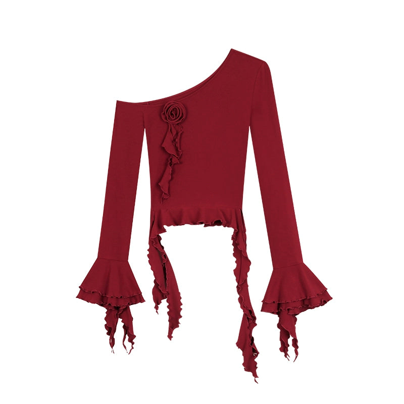 野生zerocircle 黑酒红色斜肩花朵长袖上衣女春夏辣妹修身显瘦t恤