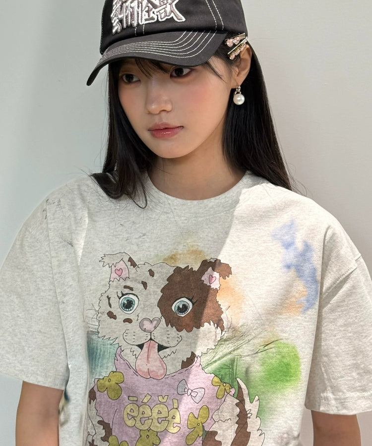 “陨石小狗”| eeee红陨石边牧涂鸦短袖宽松小众设计感手绘T恤夏