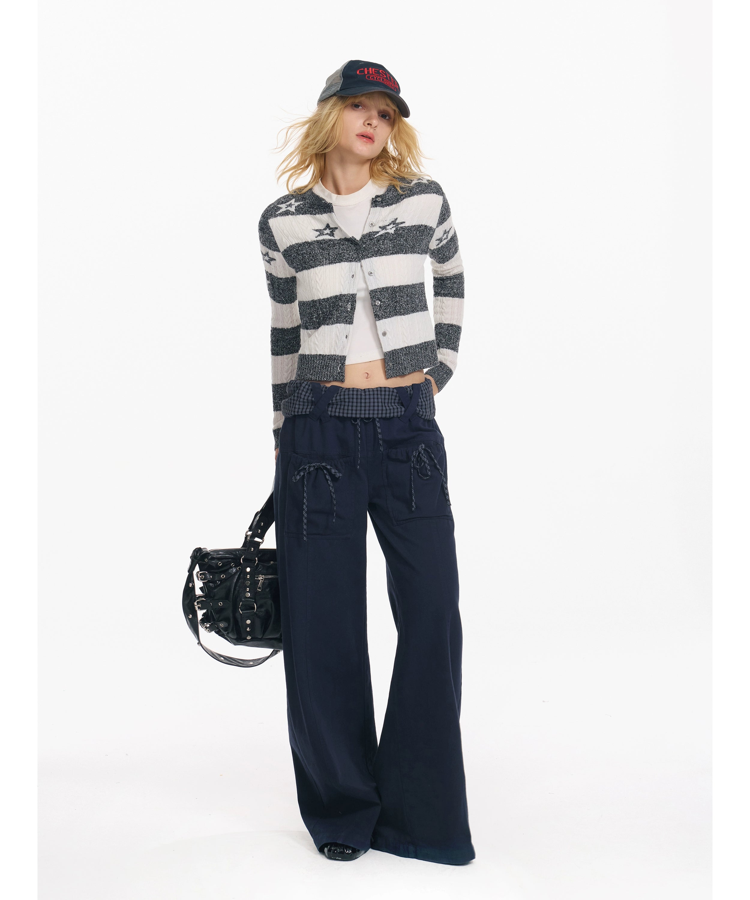 2th Desire星星绞花复古撞色条纹羊毛针织衫时尚休闲短款毛衣外套