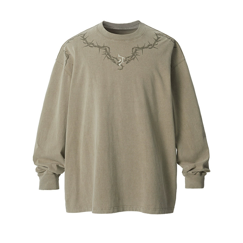 【邓为同款】JHYQ荆棘印花重磅320g水洗美式长袖t恤男宽松卫衣男