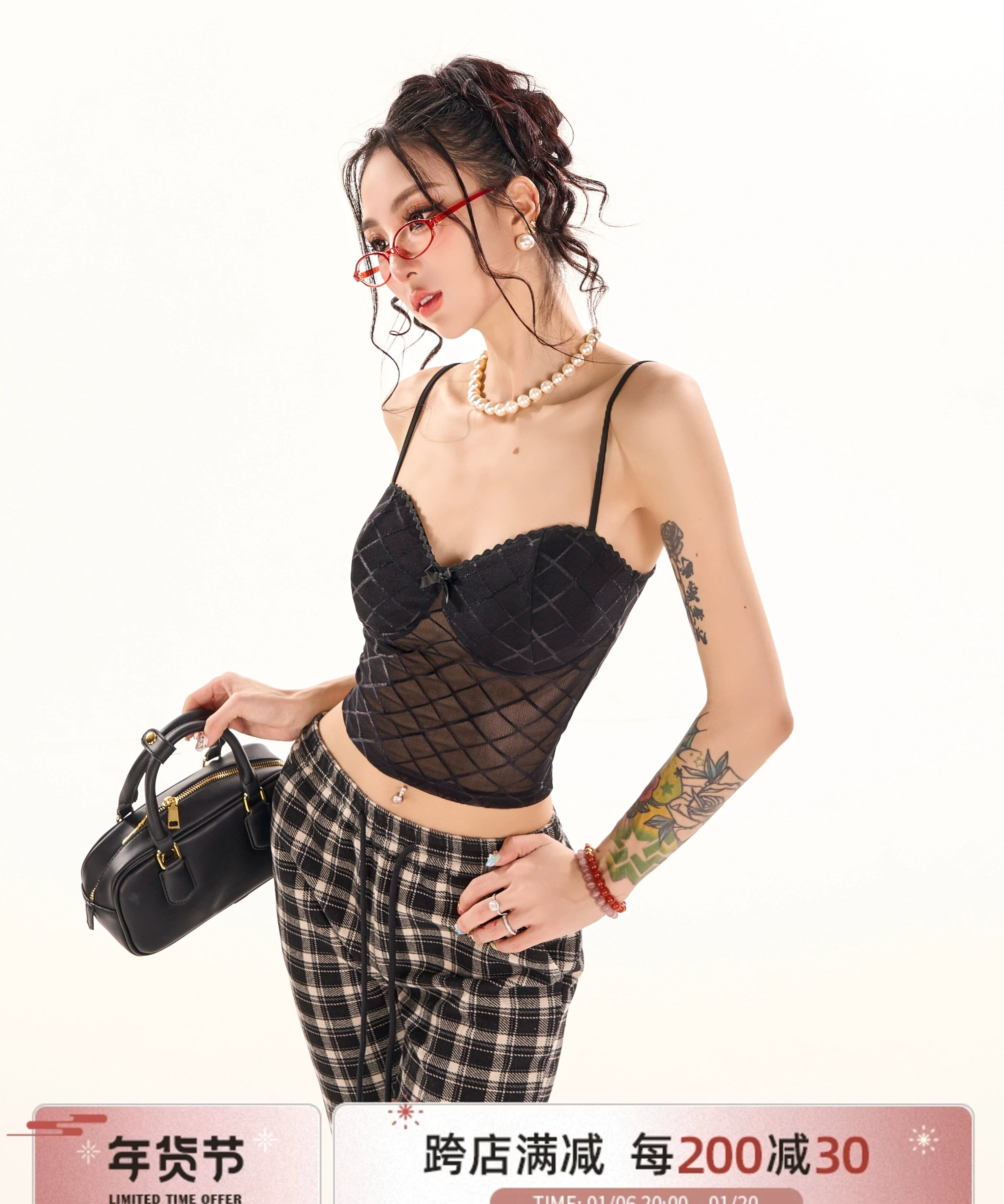 野生zerocircle黑红色格子吊带胸垫背心内搭女春夏季辣妹网纱上衣