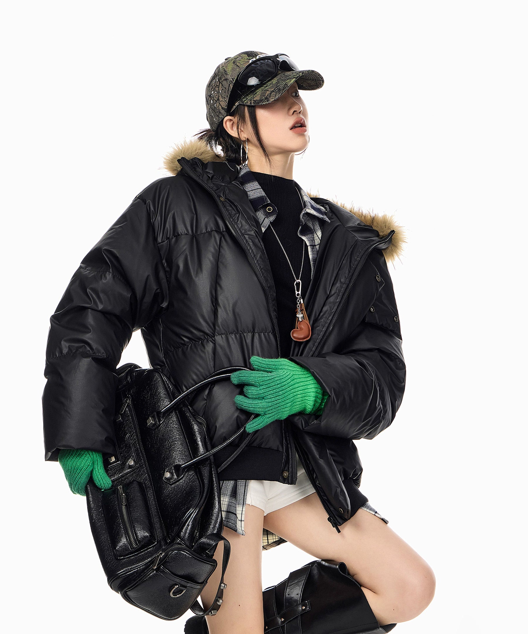 ICH MODE 90白鸭绒美式复古毛领连帽羽绒服女秋冬季保暖防寒外套