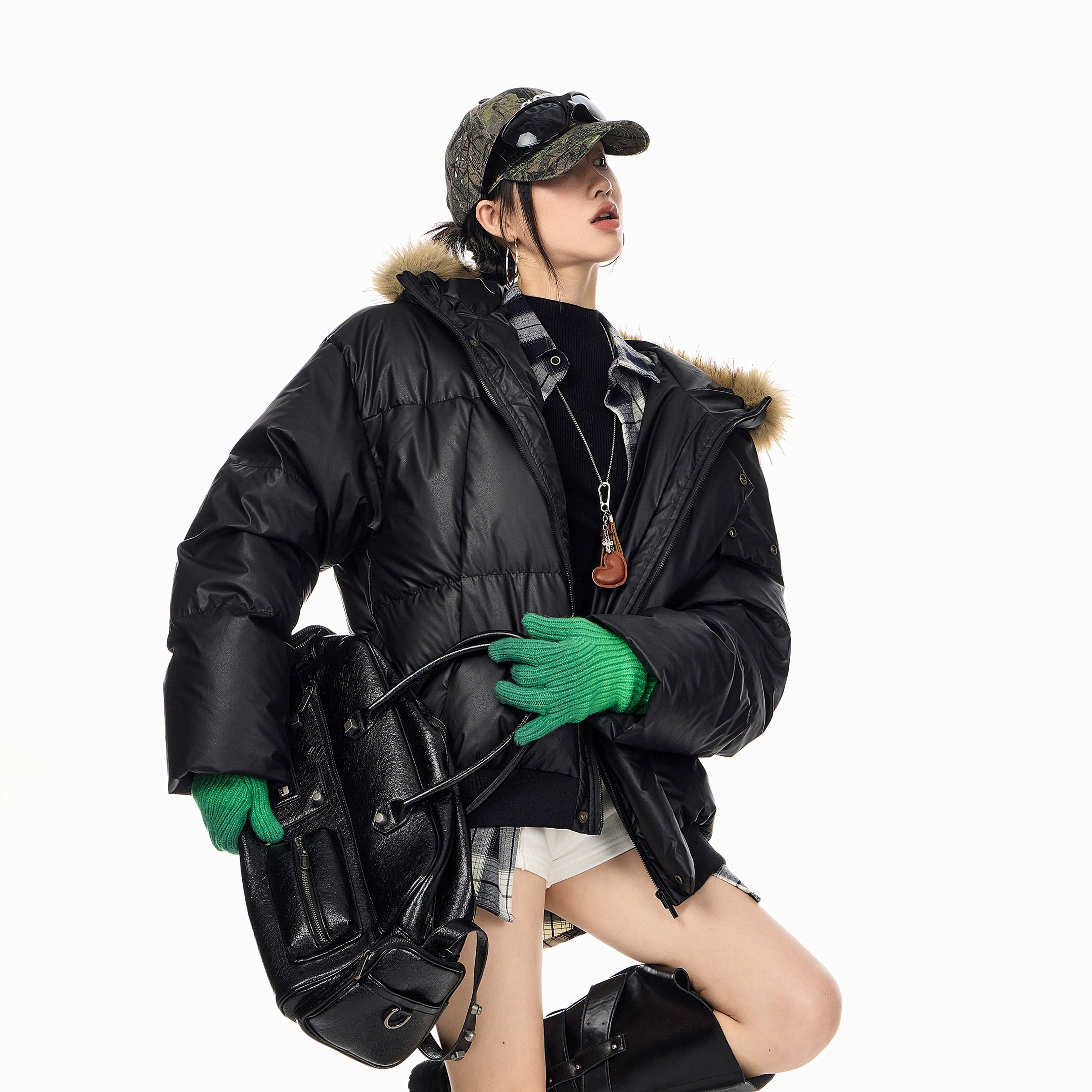 ICH MODE 90白鸭绒美式复古毛领连帽羽绒服女秋冬季保暖防寒外套