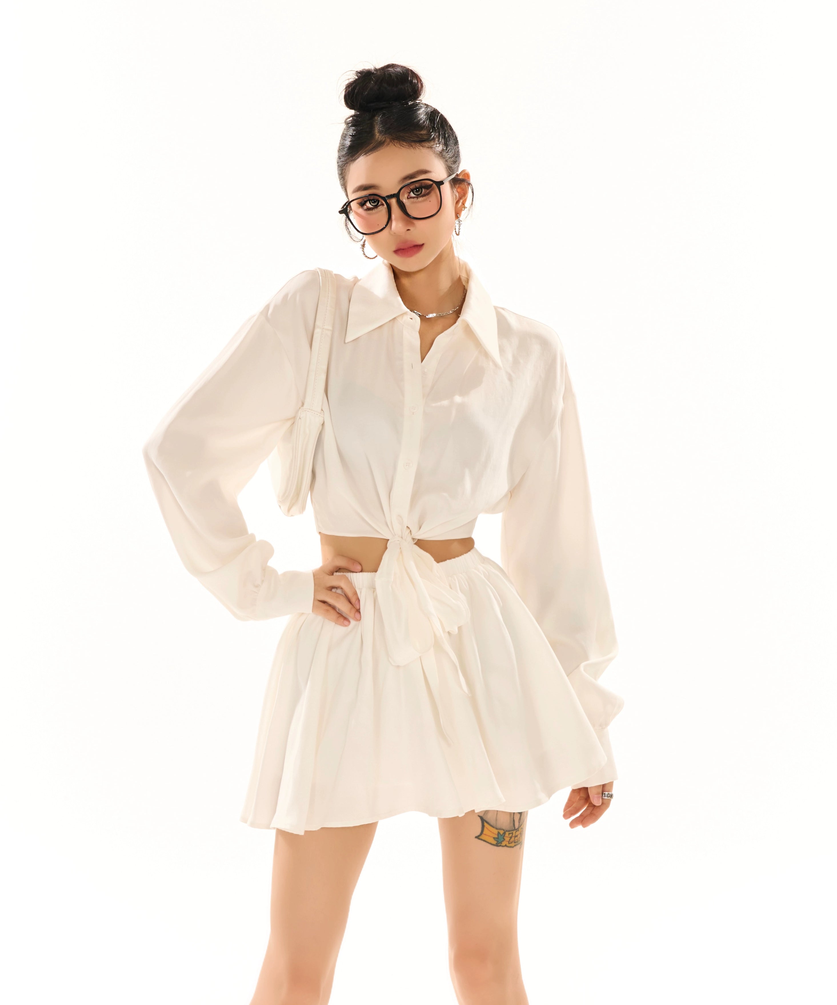 野生zerocircle 辣妹套装女春黑白色宽松长袖绑带衬衫a字半身裙子