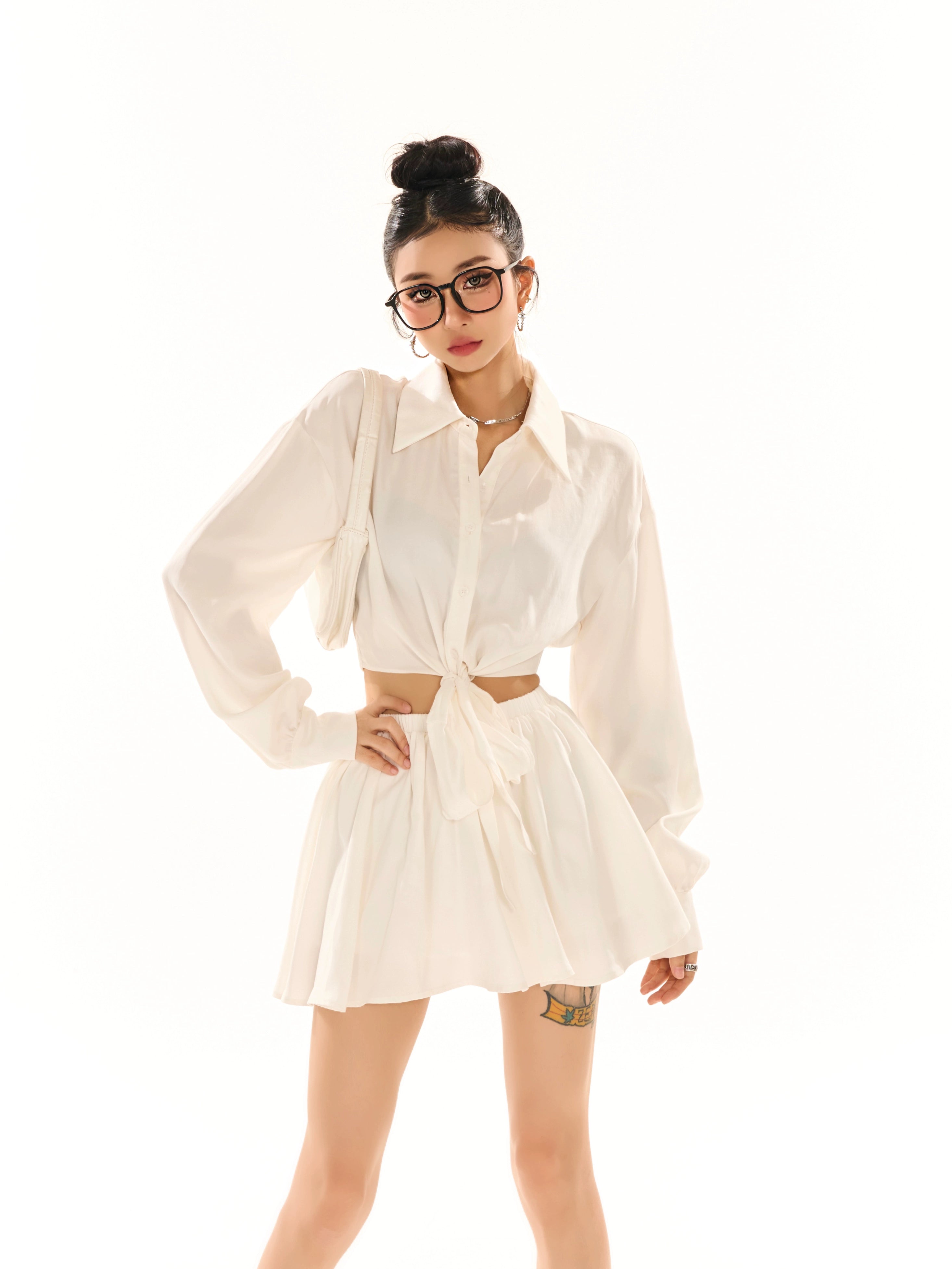 野生zerocircle 辣妹套装女春黑白色宽松长袖绑带衬衫a字半身裙子