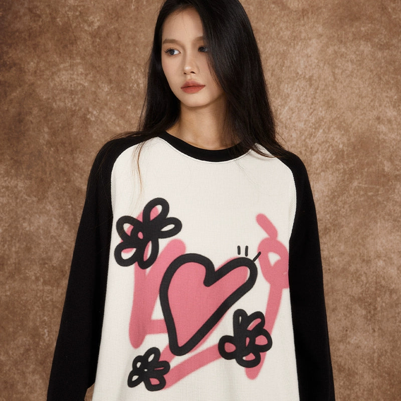 eeeeArtmonster爱心华夫格长袖男女潮流秋季美式宽松T恤ins上衣