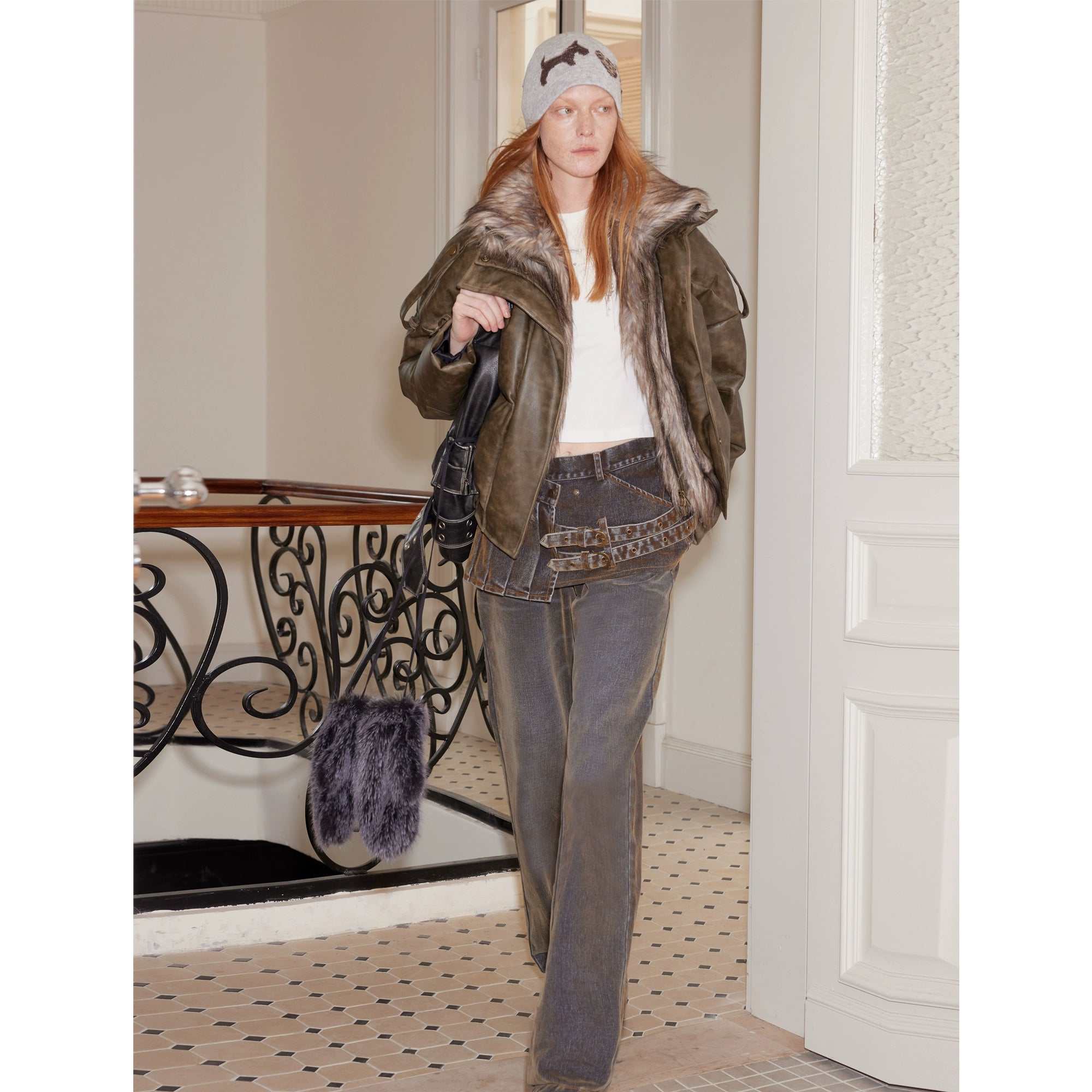 2th Desire大朵90白鸭绒美式复古皮草拼接冬季羽绒服女擦色机车风