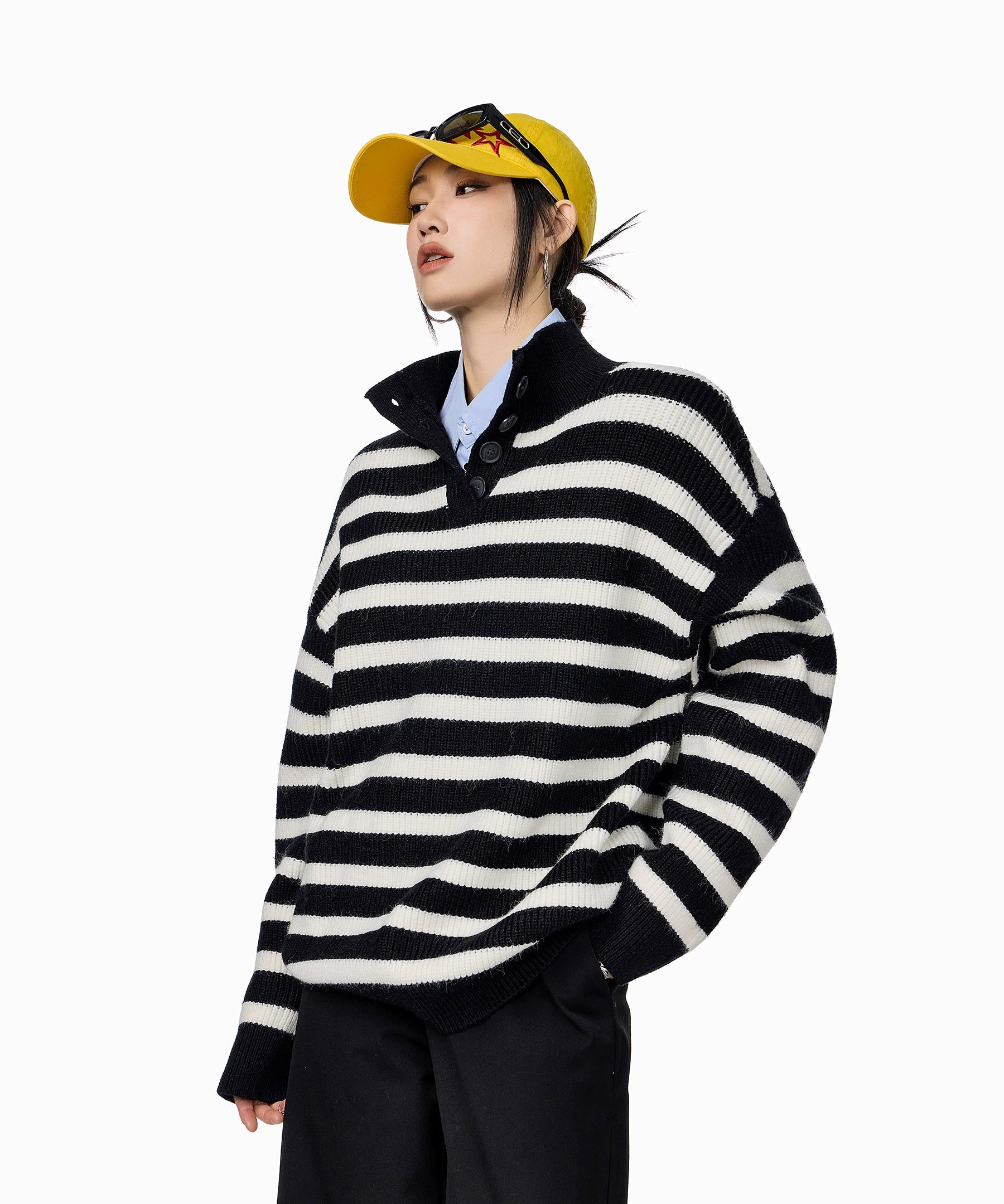 ICH MODE 美式复古POLO领条纹针织衫女秋冬宽松高领毛衣打底上衣