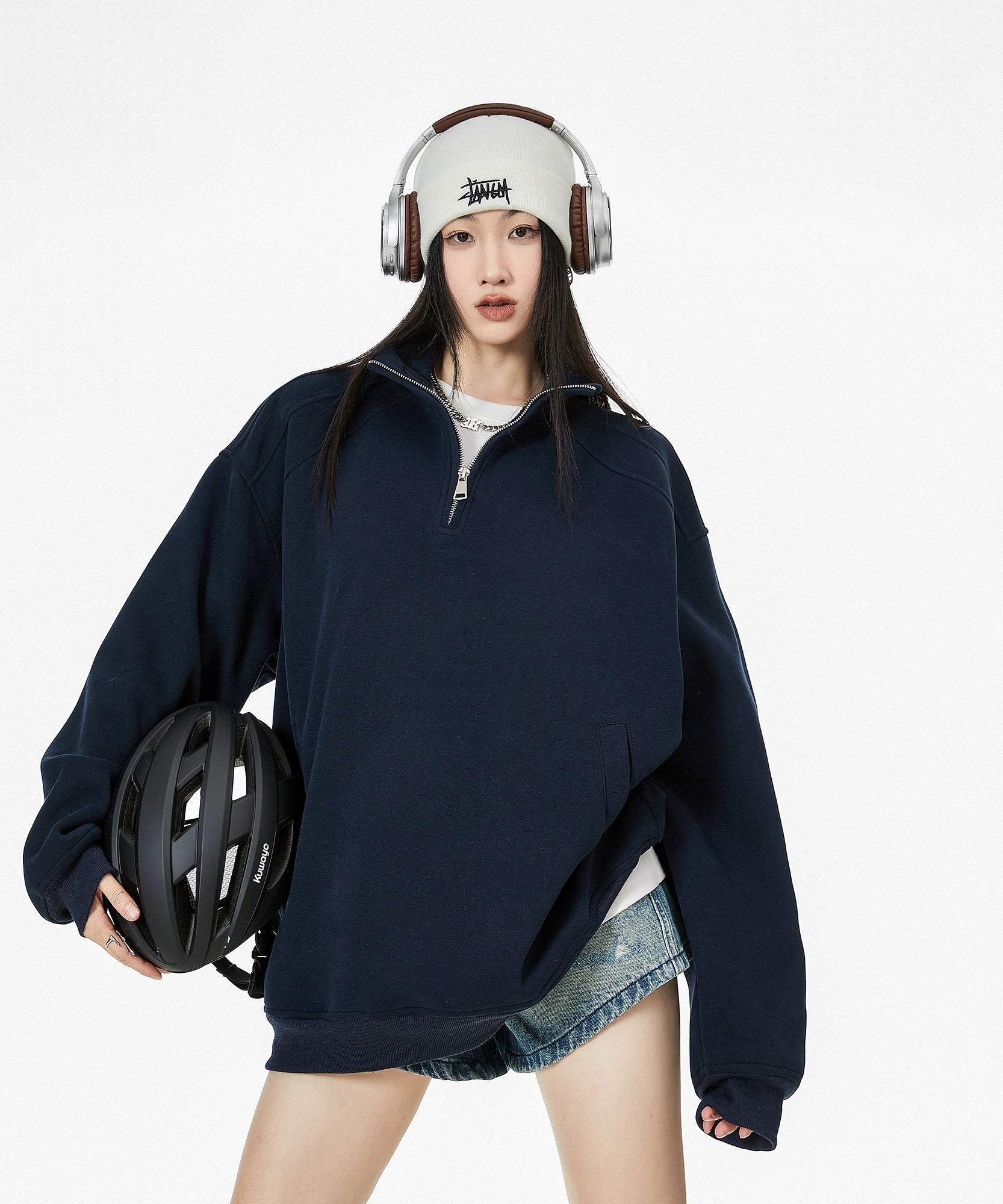 ICH MODE 美式半拉链立领卫衣女2025新款秋冬宽松慵懒风外套上衣