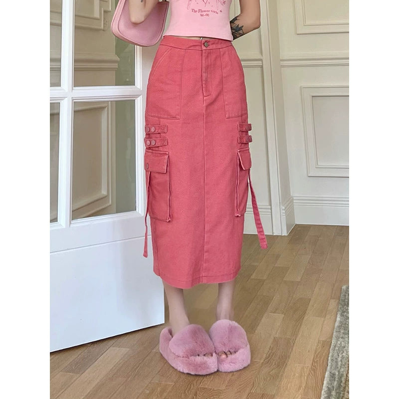 野生zerocircle绿色半身裙女春夏设计感高腰显瘦开叉中长工装裙子