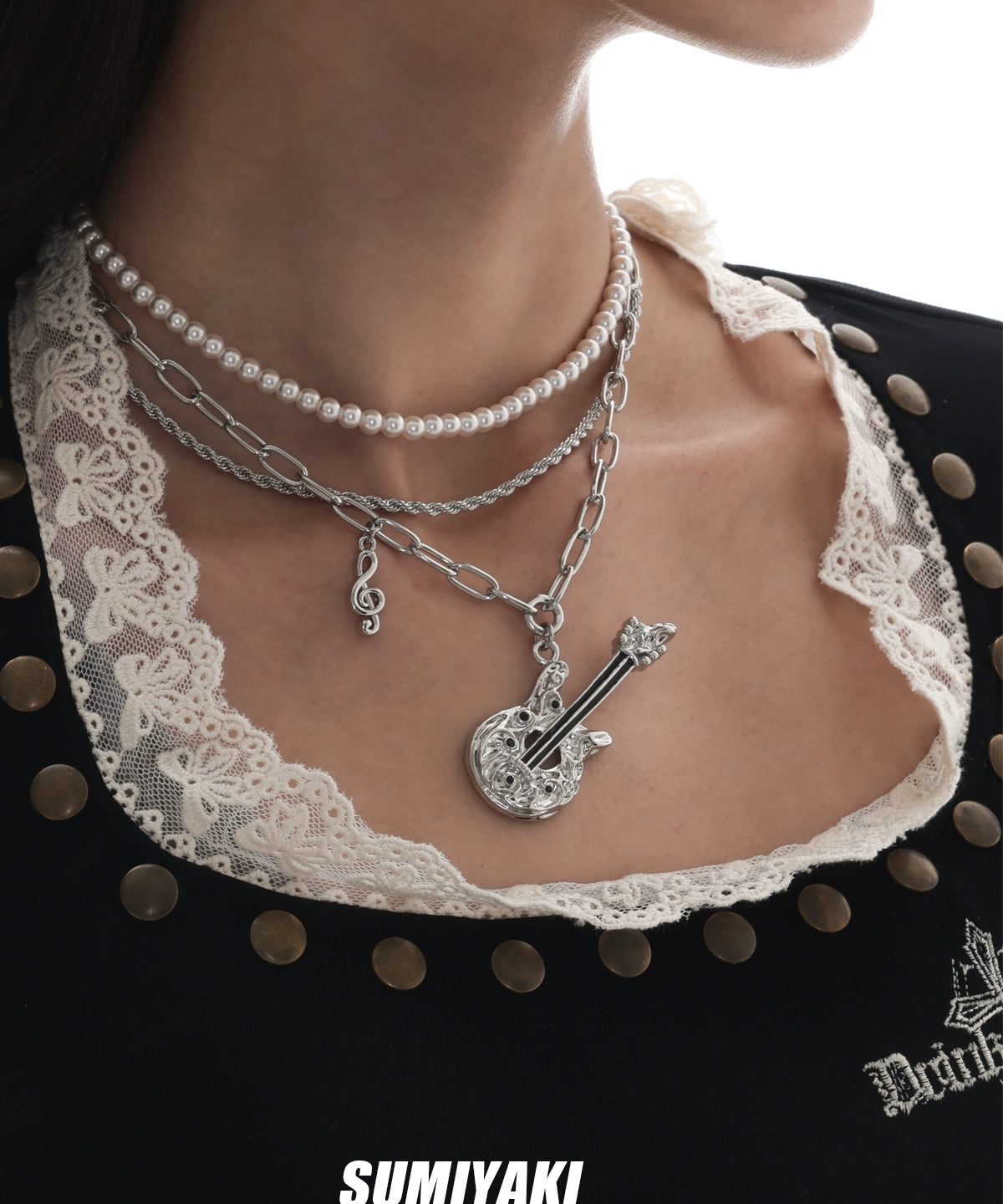 音乐节bi备！SUMIYAKI 朋克吉他系列 双层珍珠项链摇滚风锁骨链