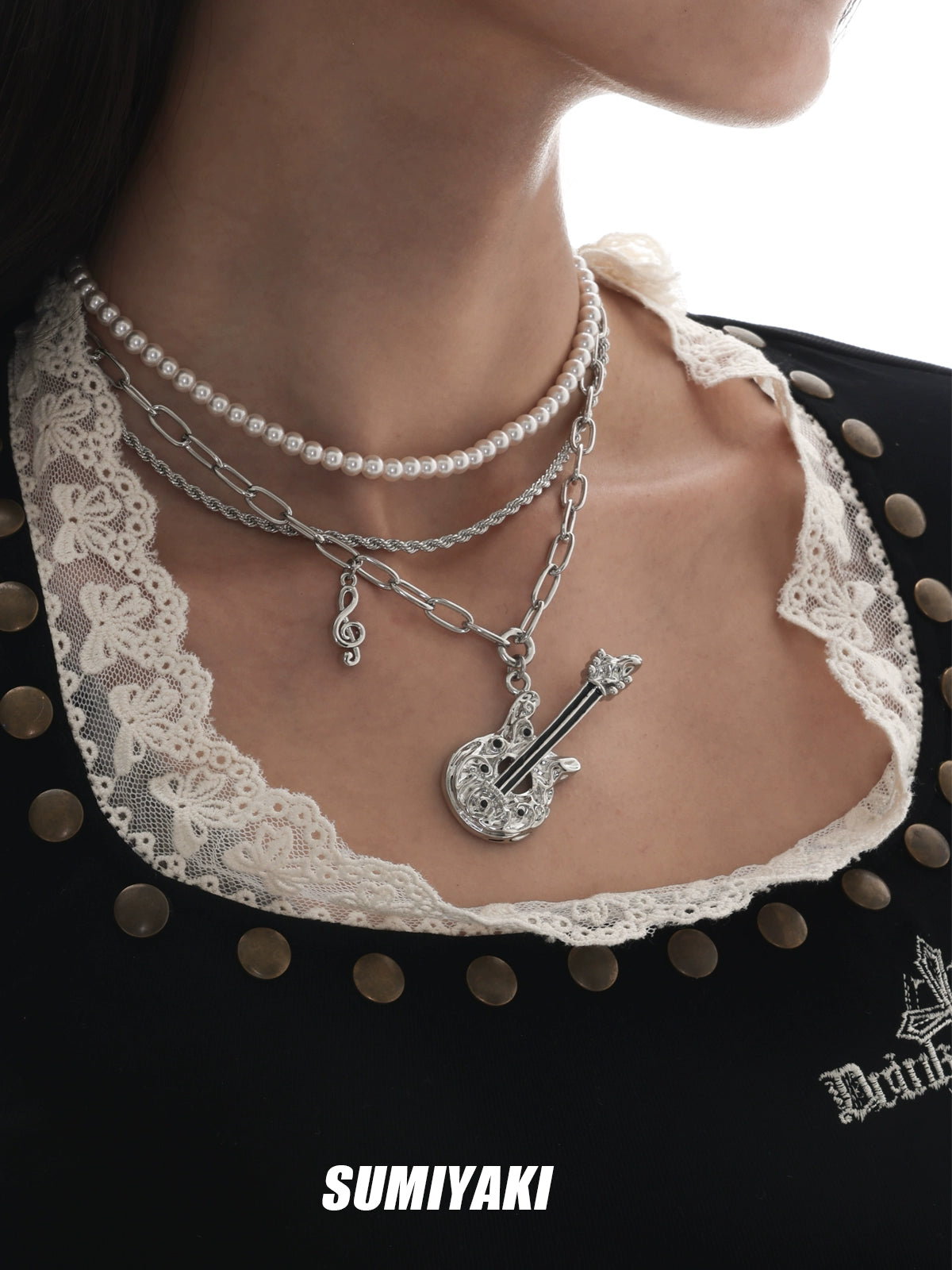 音乐节bi备！SUMIYAKI 朋克吉他系列 双层珍珠项链摇滚风锁骨链