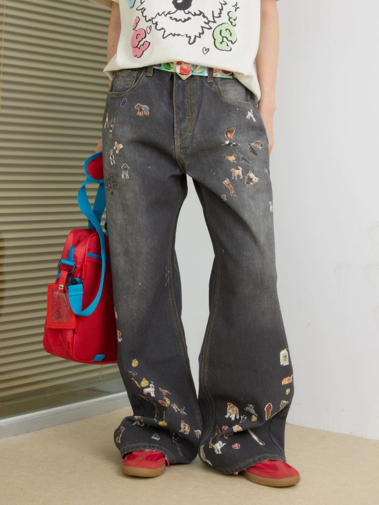 “狗狗乐园”| eeee满印小狗牛仔裤长裤重工3D打印休闲裤阔腿裤