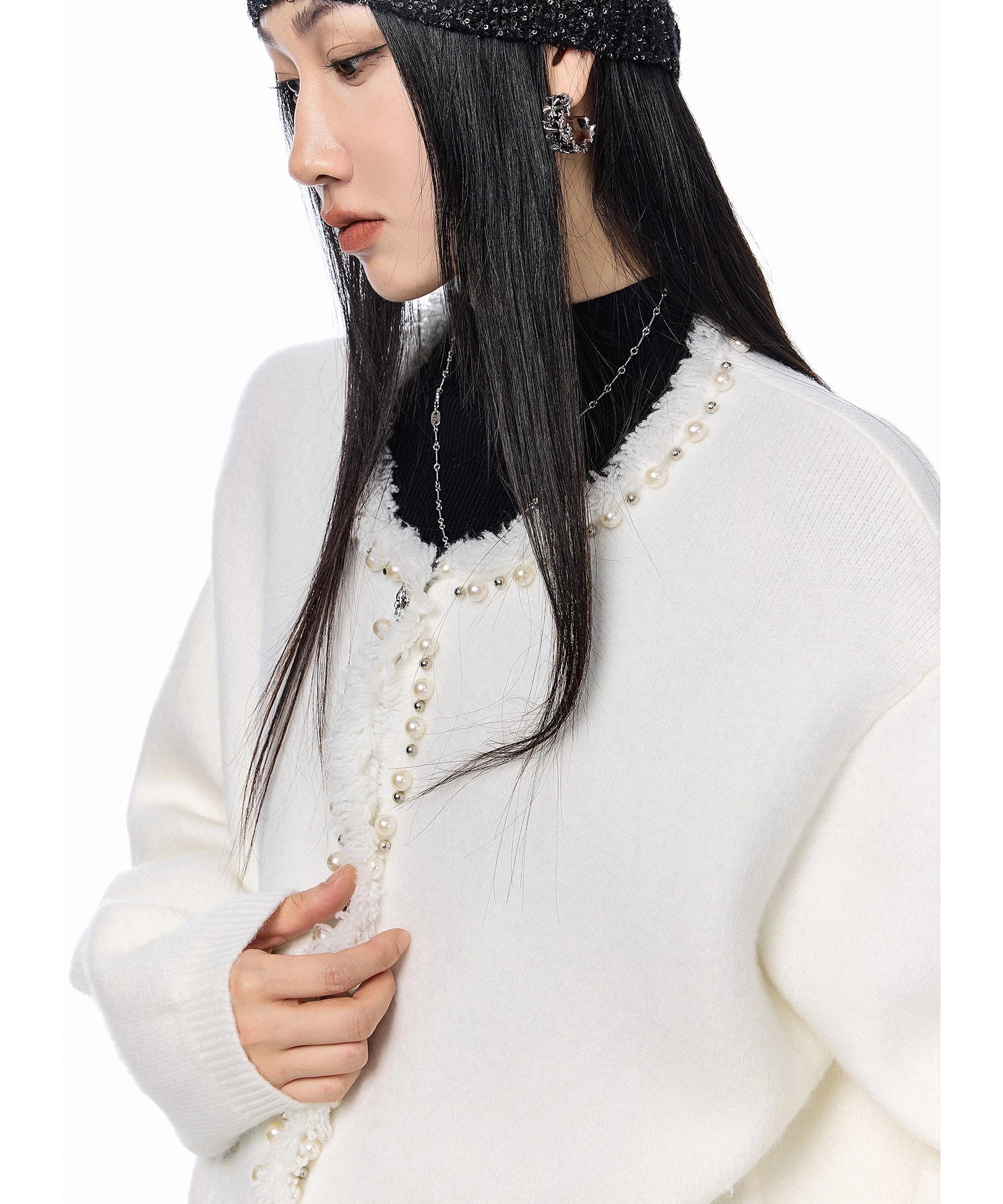 ICH MODE 美式复古珍珠流苏针织开衫女秋冬季小香风慵懒毛衣外套