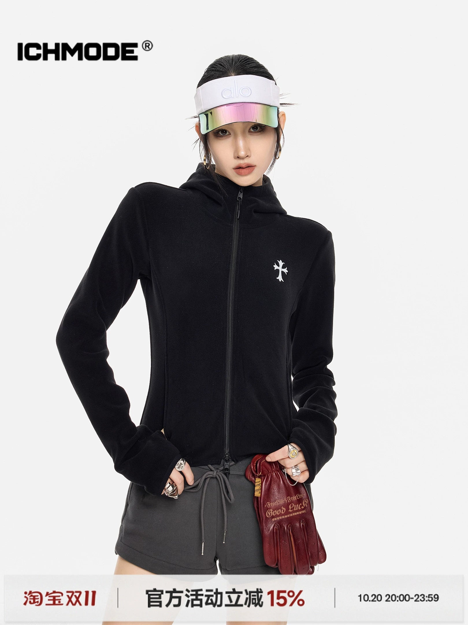 ICH MODE 美式复古摇粒绒短外套女新款秋冬连帽开衫卫衣修身上衣