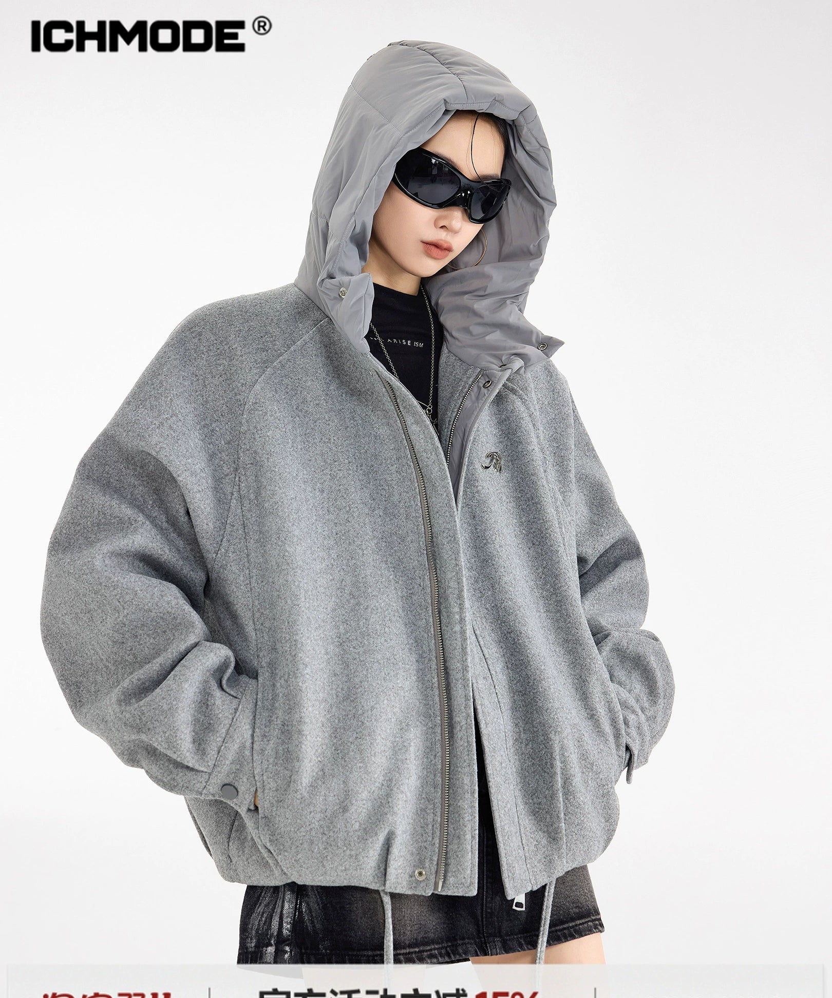 ICH MODE 美式复古拼接连帽棉服女新款冬季宽松保暖棉衣开衫外套