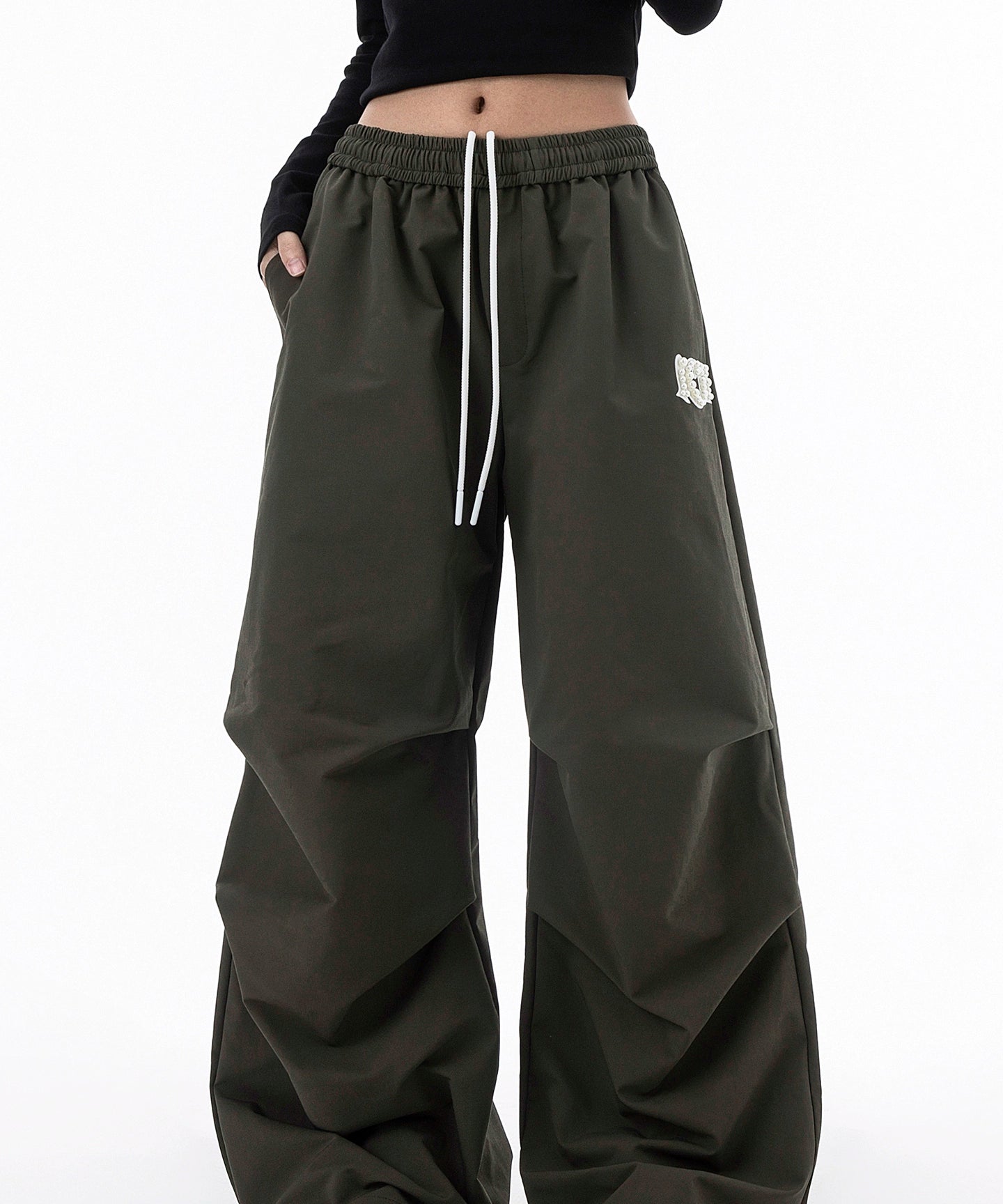 ICH MODE 美式复古珍珠休闲裤女宽松伞兵裤直筒裤阔腿弯刀运动裤