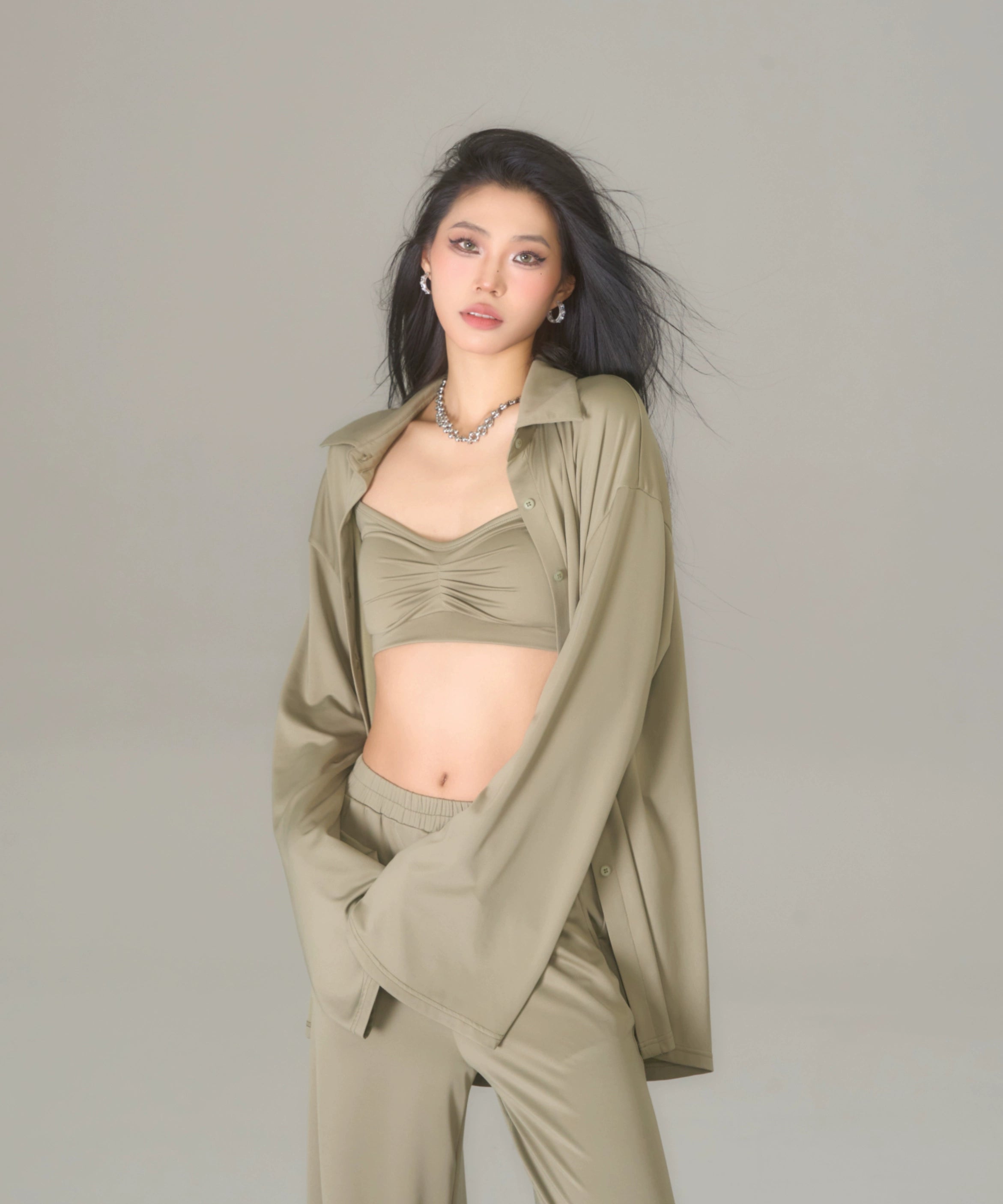 野生zerocircle绿灰色长袖衬衫三件套装女春宽松垂感微喇拖地裤子