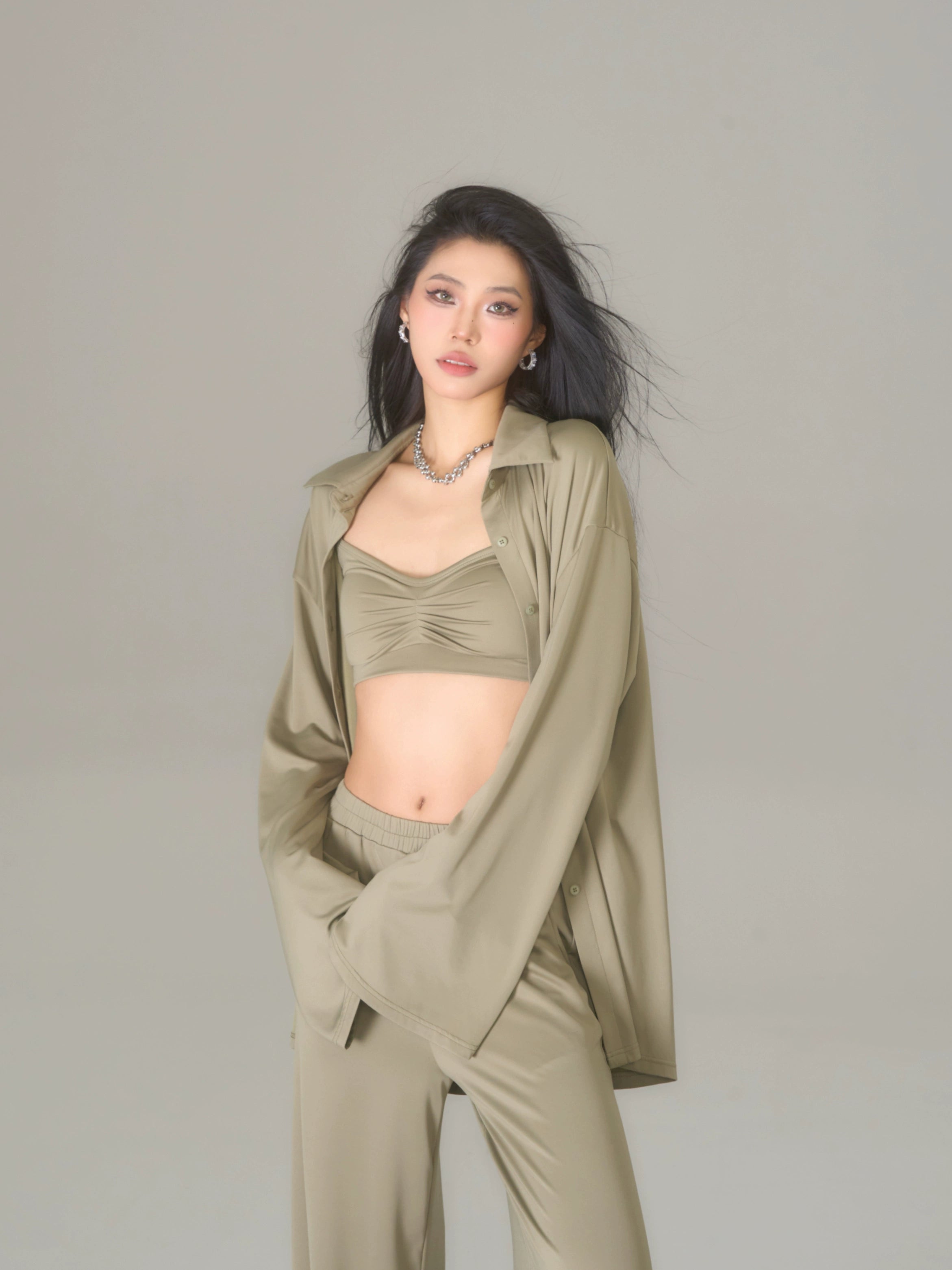 野生zerocircle绿灰色长袖衬衫三件套装女春宽松垂感微喇拖地裤子