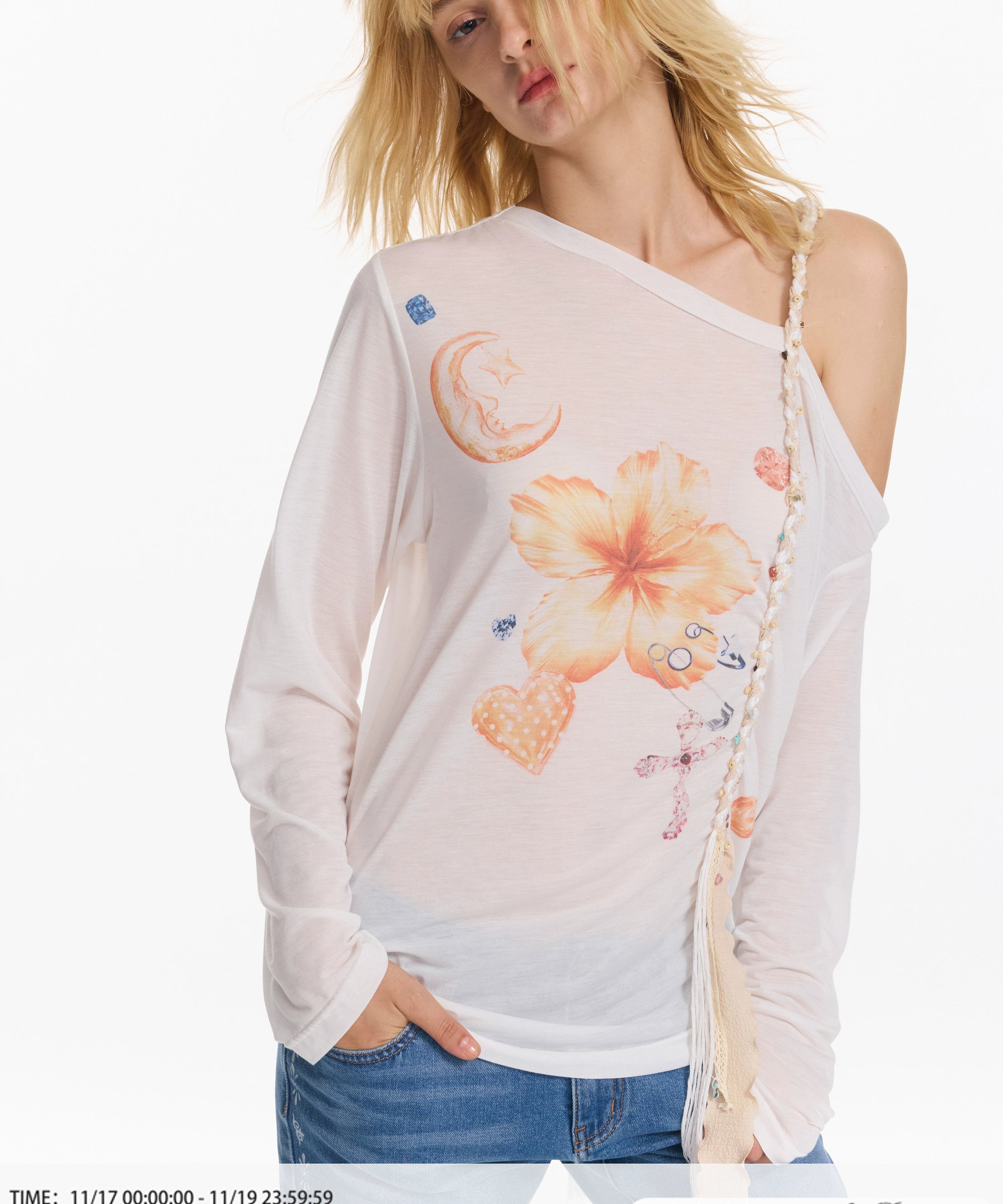 2th Desire 扶桑花多元素印花编织肩带斜肩亲肤宽松防晒长袖T恤女