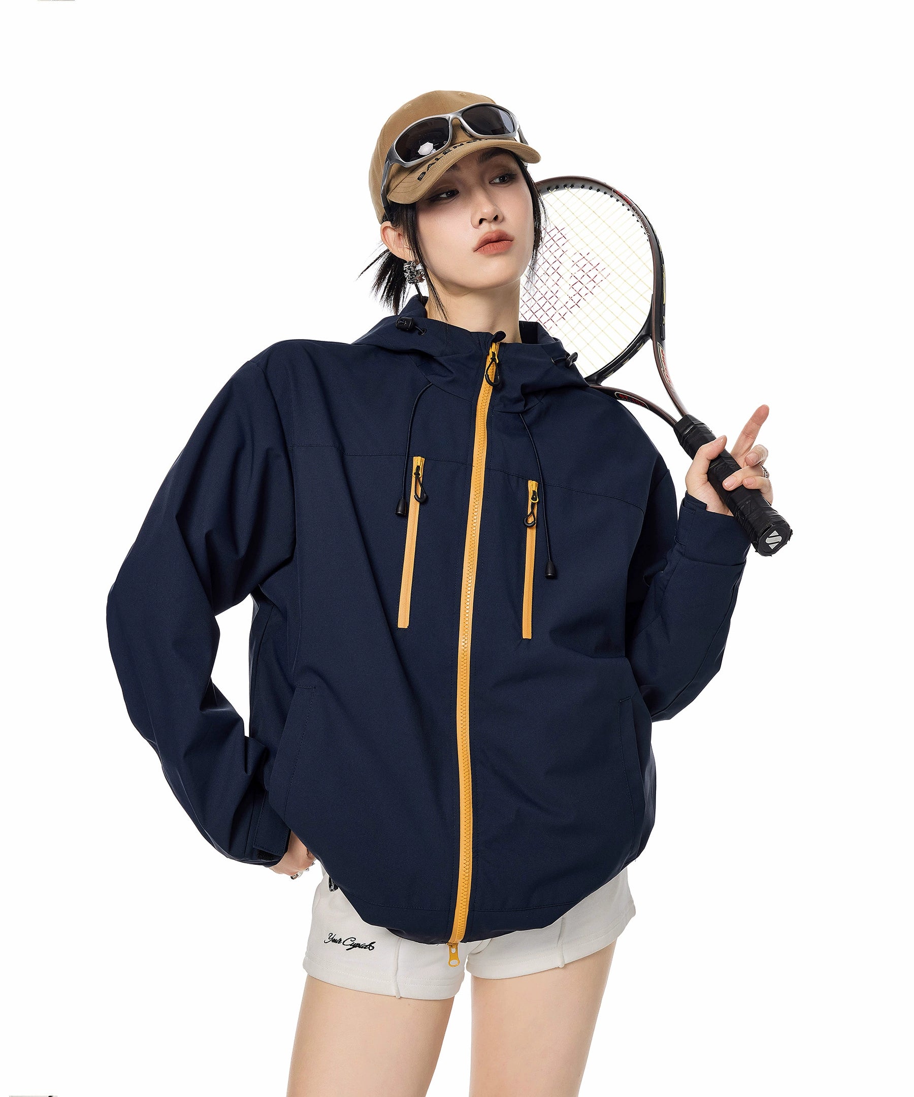 ICH MODE 美式复古撞色工装连帽外套女秋冬户外运动夹克长袖上衣