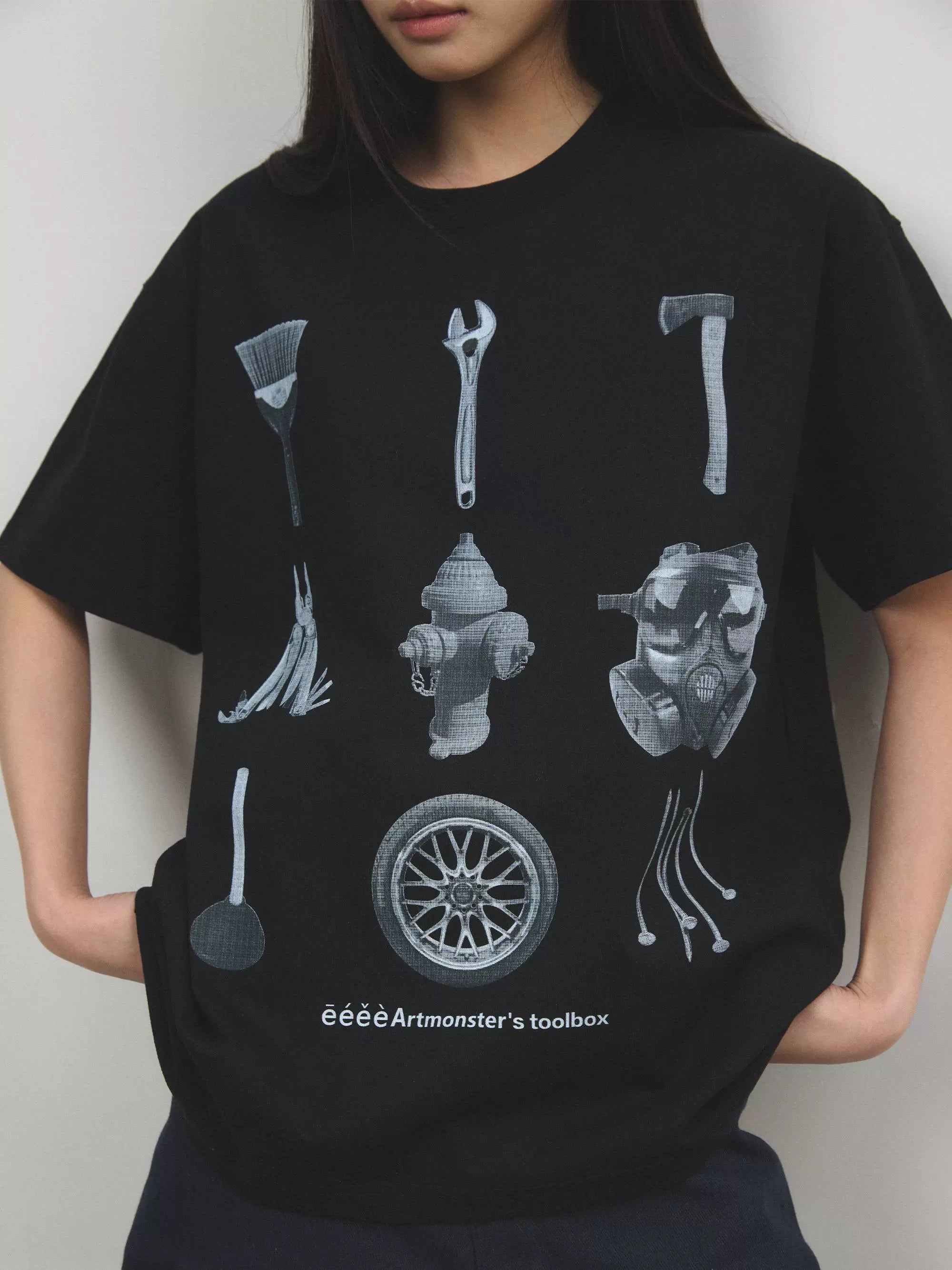 “百宝箱”| eeee复古五金工具箱印花短袖黑白艺术创意T恤宽松夏