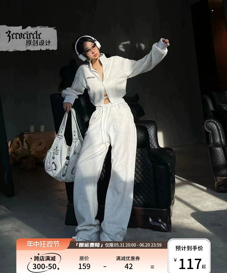 野生zerocircle灰色卫衣套装女春秋短款外套显瘦运动宽松休闲裤子